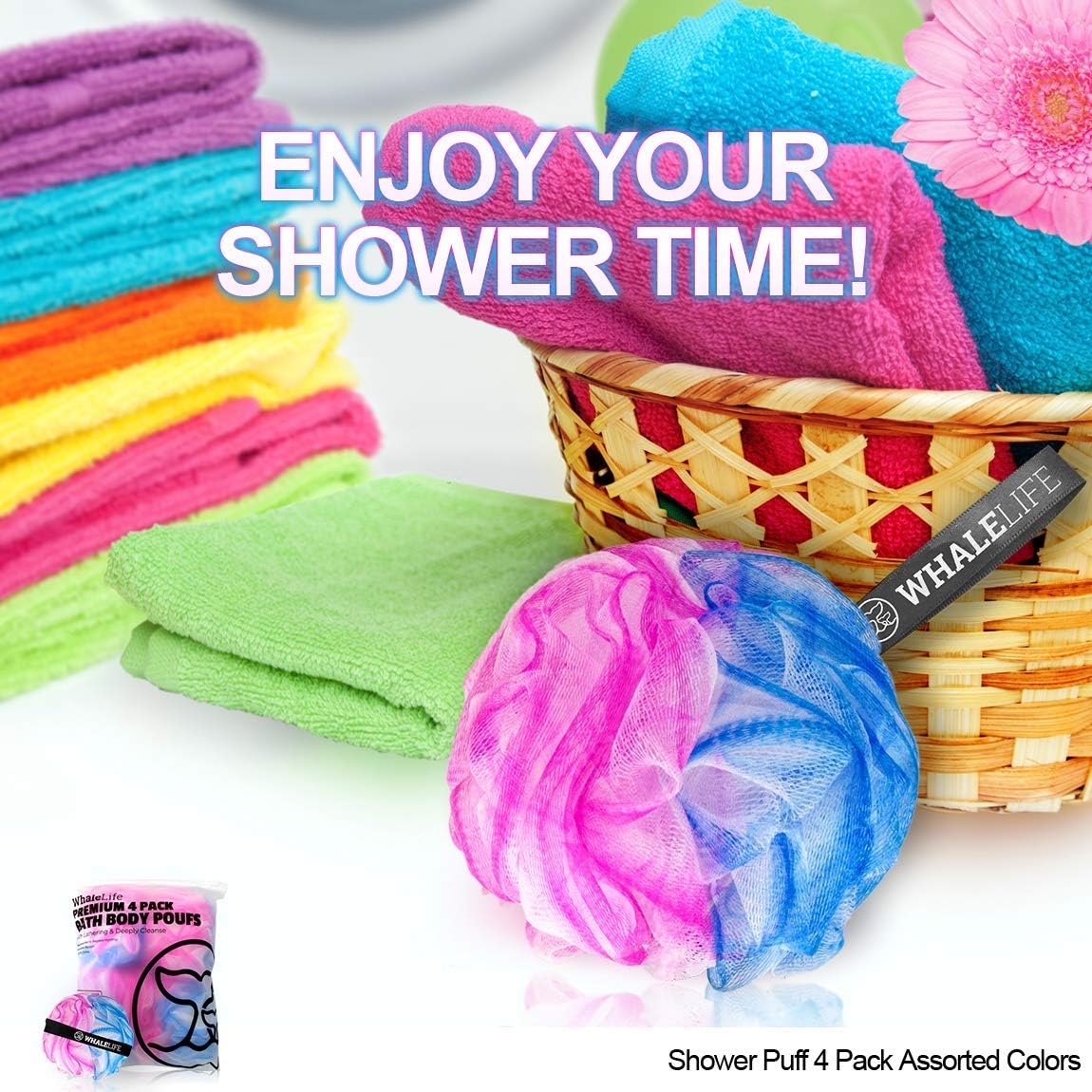 Loofah Sponge Bath Sponge for Women Men 4 Pack (Blue Pink Conbine)