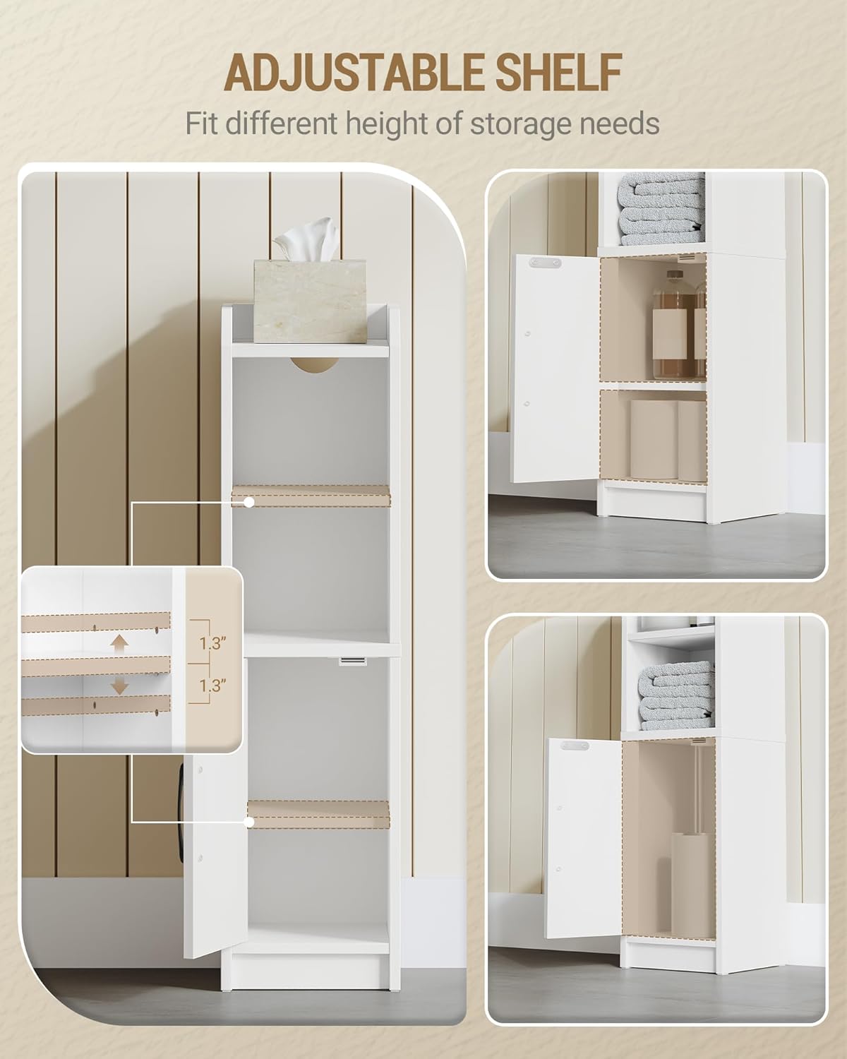 Bathroom Storage Cabinet, Small Farmhouse Corner Floor Cabinet with Door and Shelves, Narrow Toilet Paper Holder Stand, Bathroom Organizer with Adjustable Shelf, for Small Spaces, White