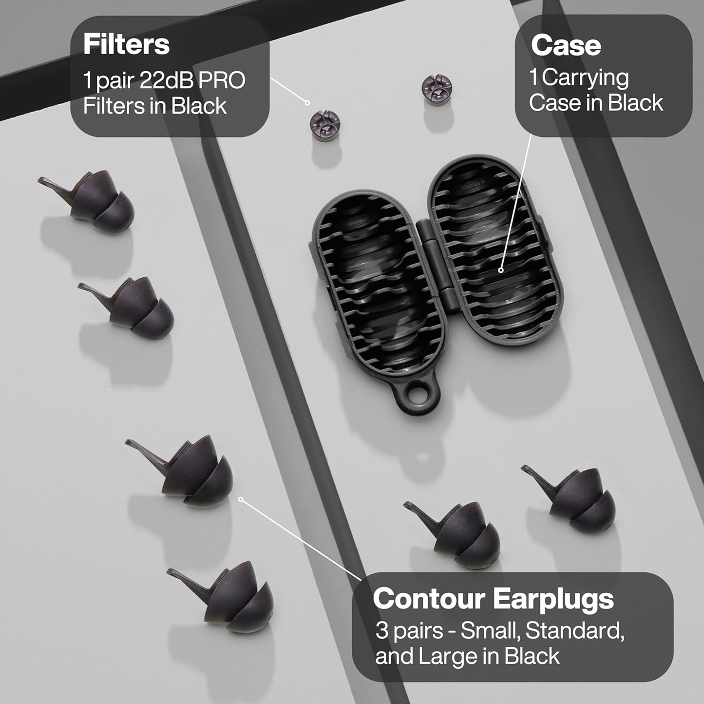 EarPeace Everyday Ear Plugs for Noise Reduction & Noise Control – High-Fidelity Earplugs, Comfortable & Reusable Earplugs for Travel, Sleep, Work, Snoring Blocking, Includes Carrying Case – Black