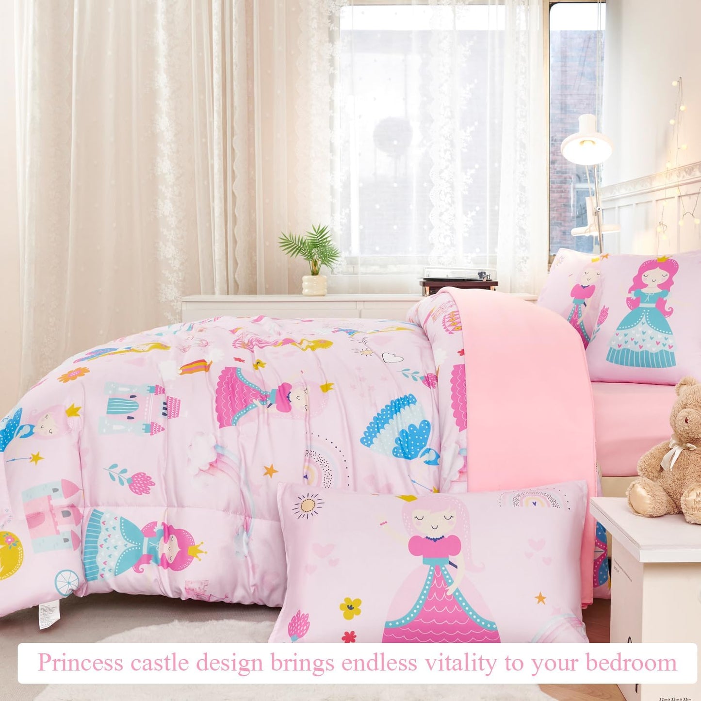 ANGIYUIN 6Pcs Pink Princess Kids Comforter Set Full Cute Rainbow Girl Bed in A Bag Fairy Tales Castle Bedding Set(1 Comforter, 1 Flat Sheet, 1 Fitted Sheet, 2 Pillowcases,1 Square Pillowcases)