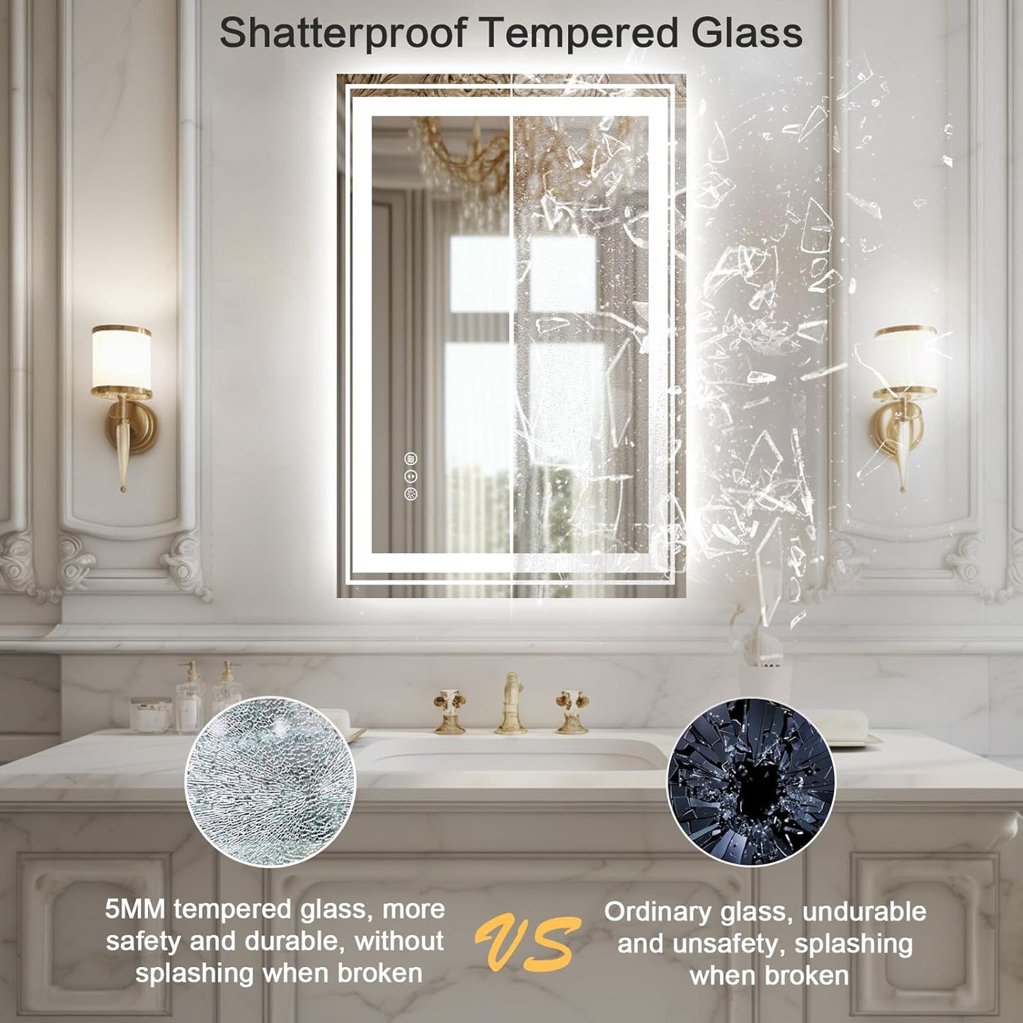 WTTY LED Bathroom Mirror with Backlit and Front Light,24"x36",Dimmable LED Mirror for Bathroom,Anti-Fog Lighted Bathroom Vanity Mirror Modern for Wall,Memory Function,Shatter-Proof
