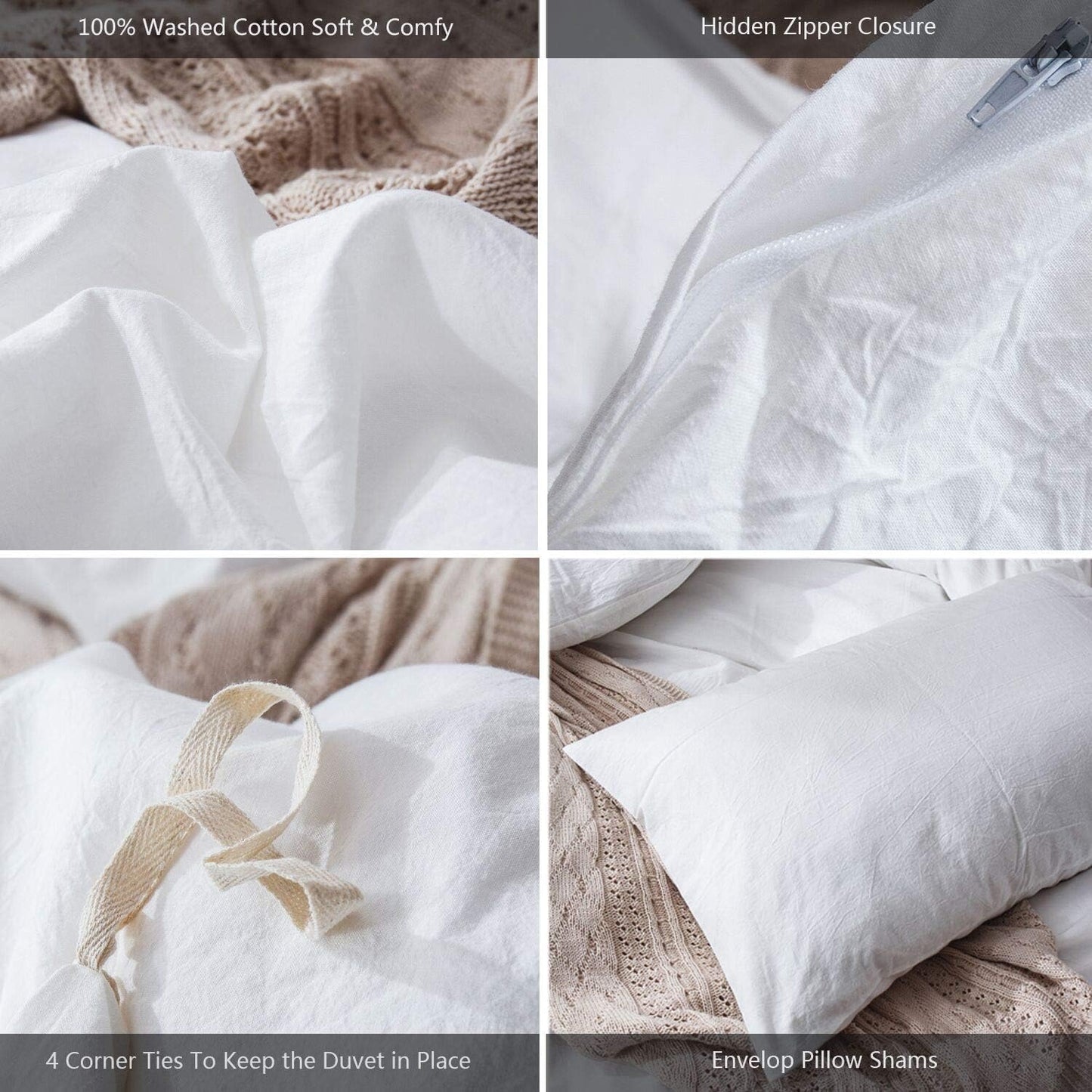 MooMee Bedding Duvet Cover Set 100% Washed Cotton Linen Like Textured Breathable Durable Soft Comfy (Solid Off White, Queen 90"x90")