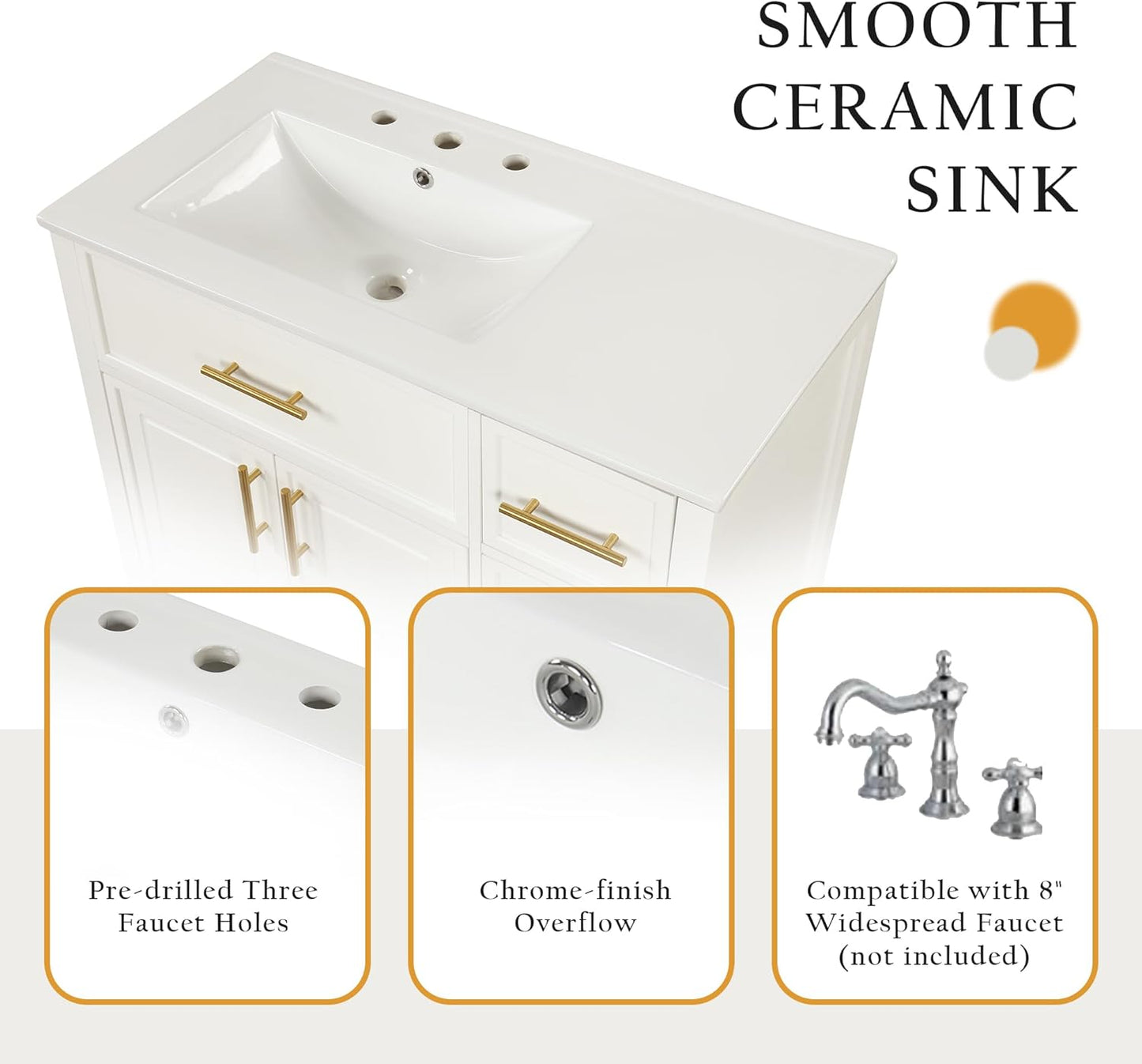 Favfurish 36" Bathroom Vanity with Sink Combo,Bathroom Vanity Cabinet with Two Soft-Closing Doors and Four Drawers,Free Stading Vanities w/Gold Handler,for Bathroom,Easy Assembly,White