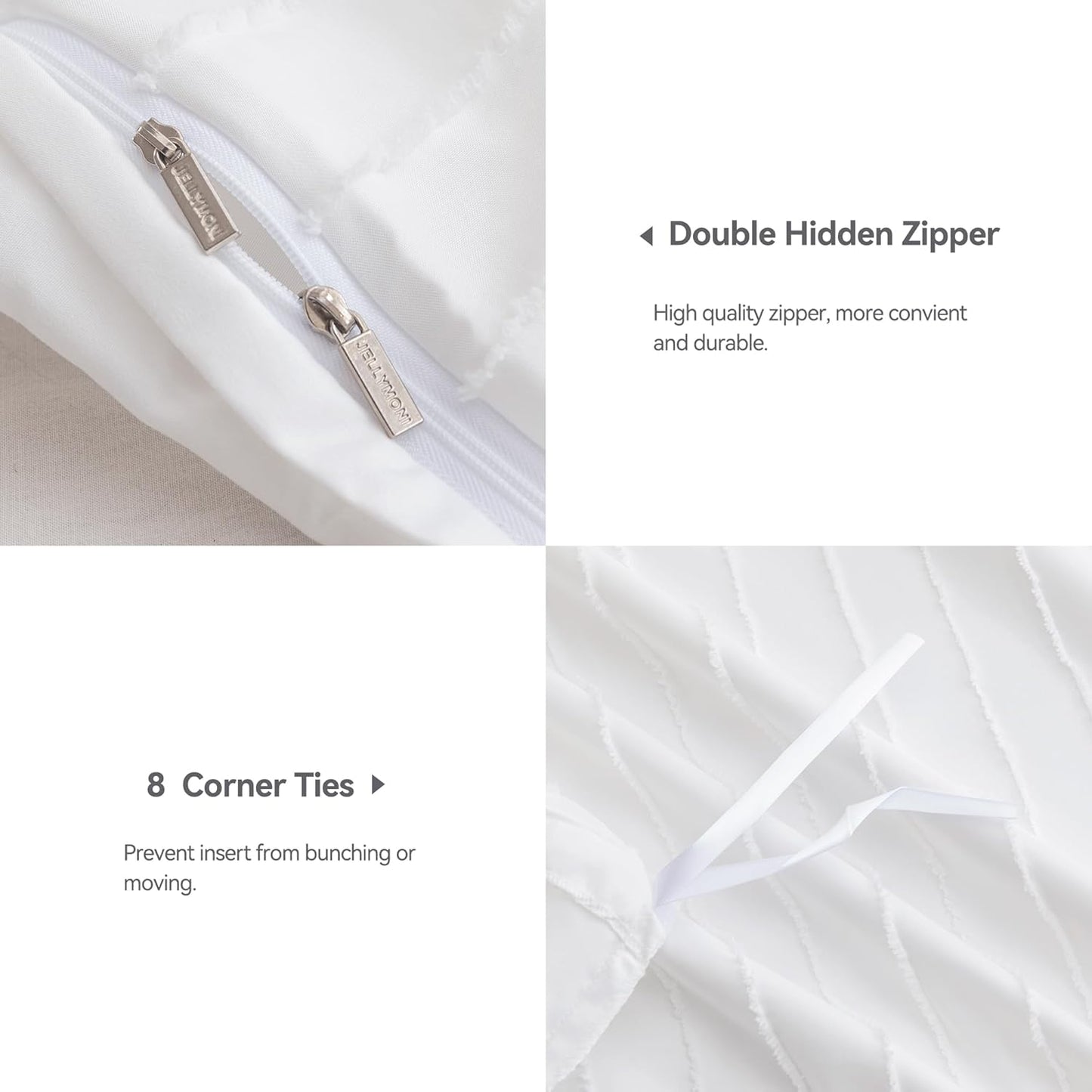JELLYMONI Bright White Duvet Cover Full Size - 3PCS Microfiber Tufted Duvet Cover Set, Boho Striped Tufted Textured Duvet Cover with Corner Ties & Zipper Closure