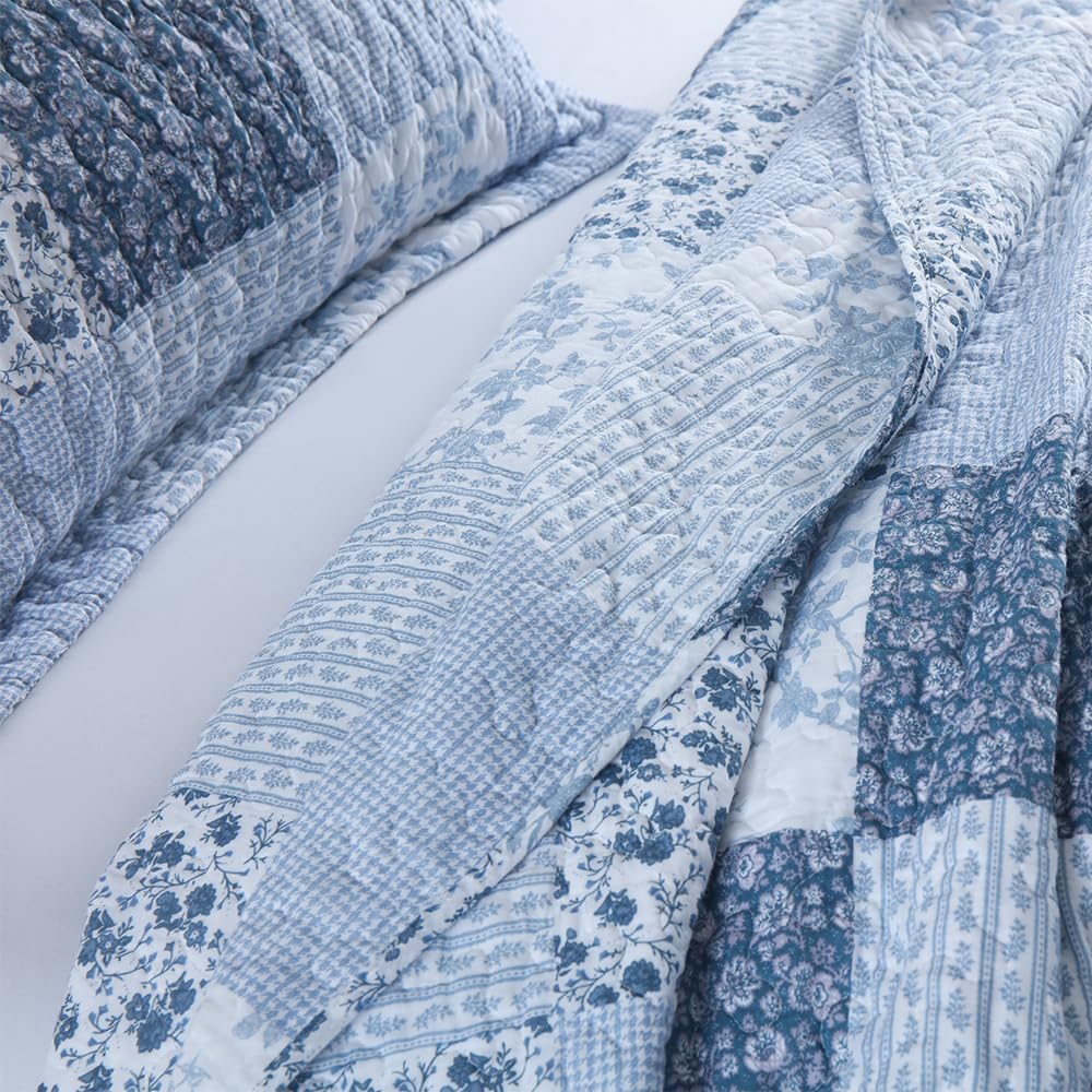 ENASAL Cotton Bedspread Quilt Bedding Sets Reversible Coverlet Sets Comforters Rustic Floral White Blue Patchwork Pattern Bedspread for All Season, Queen Size