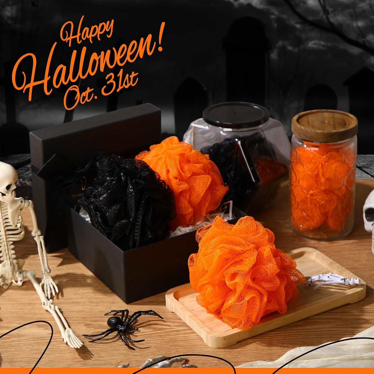 12 Pcs Thanksgiving Bath Loofah Sponge Orange Harvest Loofah Exfoliating Body Scrubber Shower Sponge 50g Mesh Shower Pouf Balls Gift Set for Women Men Bathing Accessories(Black,Orange)