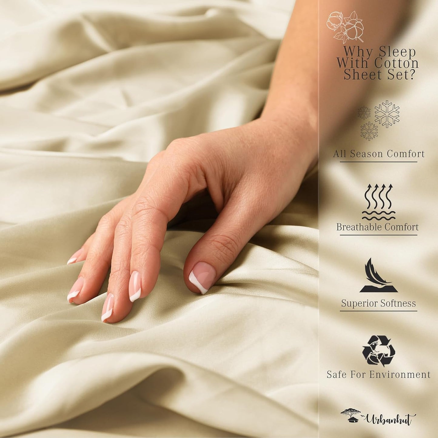 URBANHUT 1000 Thread Count Queen Size Egyptian Cotton Sheets, Long Staple Soft & Breathable, 4 Pc Bed Sheet Sets, Luxury Hotel Sateen Sheets Fits 16" Deep Pocket - Sand
