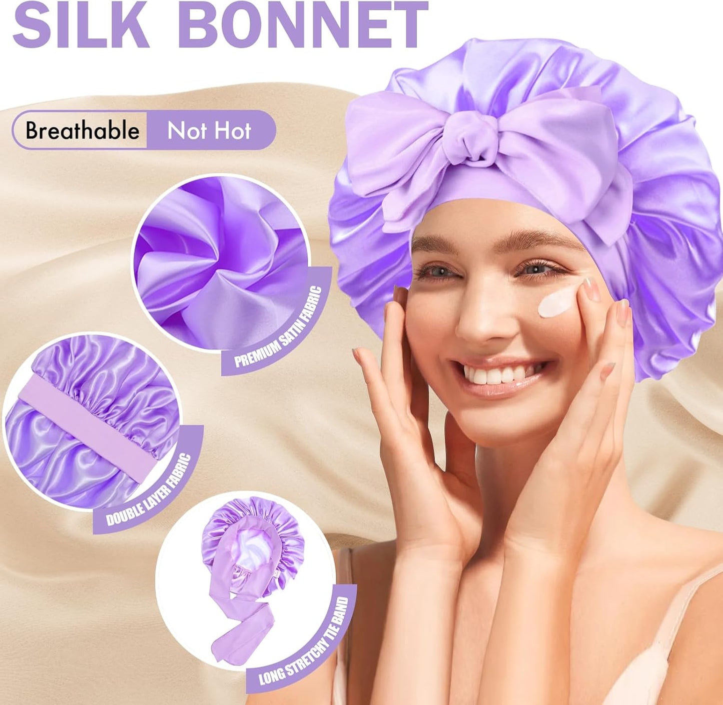 Silk Bonnet for Sleeping Women, Adjustable Soft Satin Lined Bonnet with Tie Band, Double Layer Sleep Night Cap