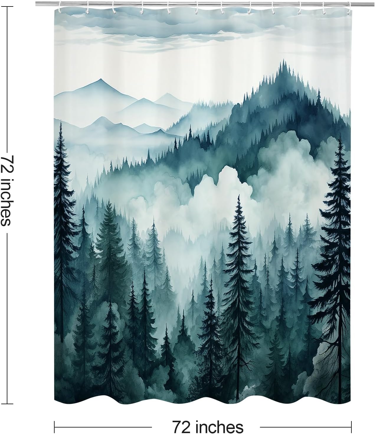Peacock Blue Misty Pine Forest Shower Curtain, Mountain Foggy Woodland Scenery Tree Shower Curtains for Chic Rustic Bathroom, Abstract Modern Waterproof Nature-Themed Decor, 72x72 Inches