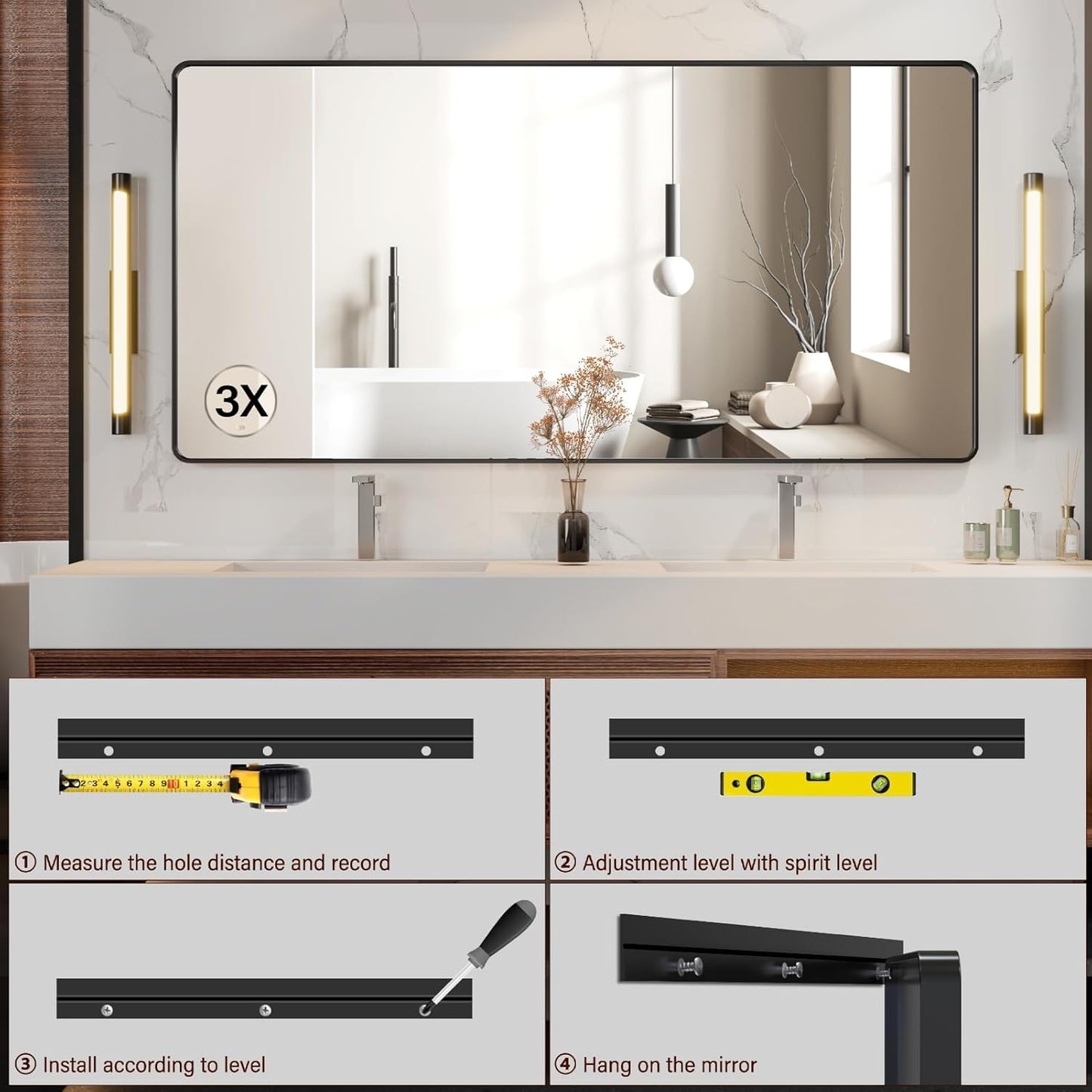 72X36 Inch Black Metal Framed Bathroom Mirror for Wall, Rounded Rectangle Vanity Mirror, Environmentally Friendly, Anti-Rust