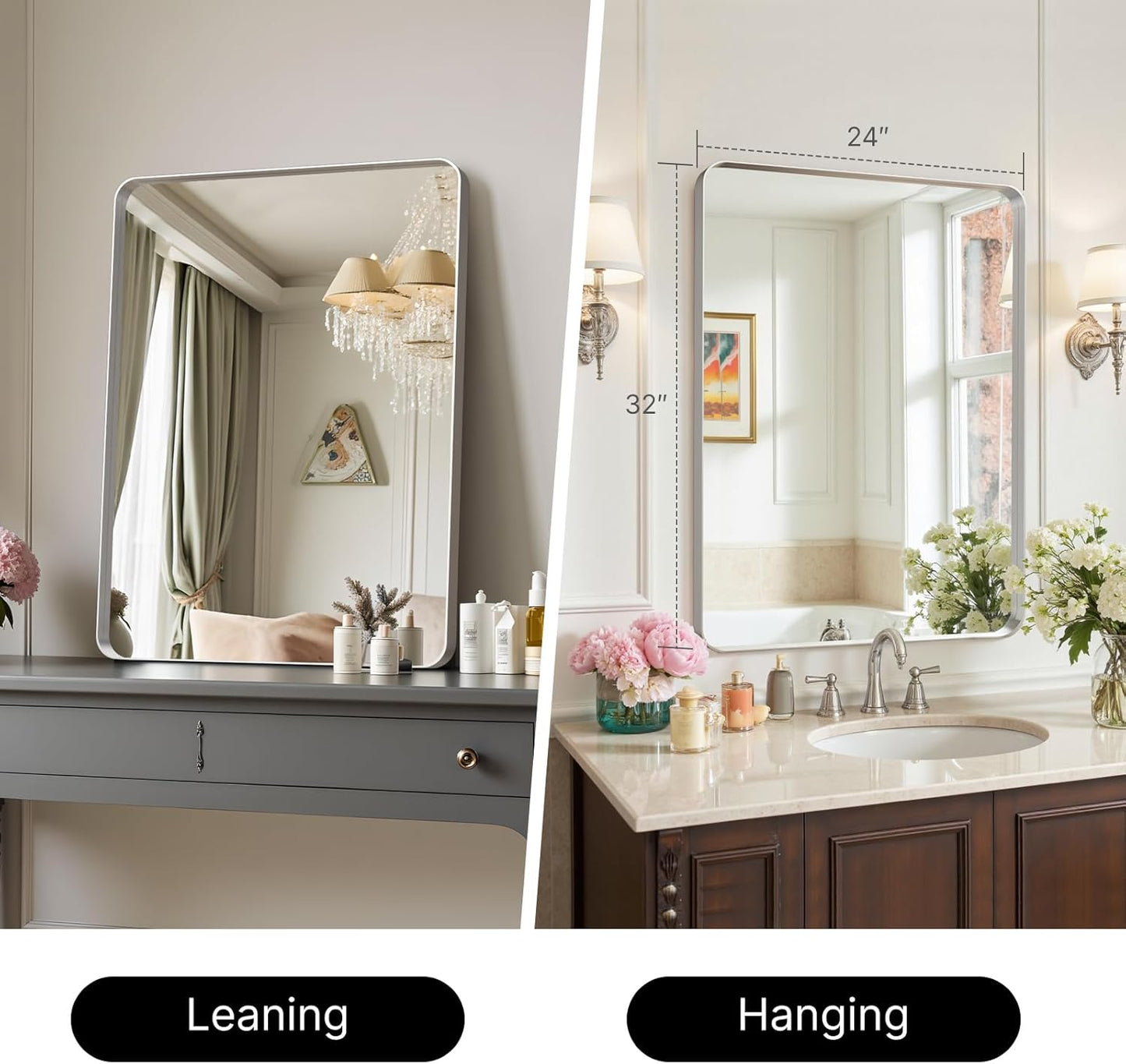 32x24"Bathroom Vanity Mirror for Wall, Aluminum Framed, Farmhouse Rectangle, Anti-Rust, HD Reflection Anti-Desilvering, Distortion Free, Tempered and Shatter-Proof Wall Mounted Mirror, Silver
