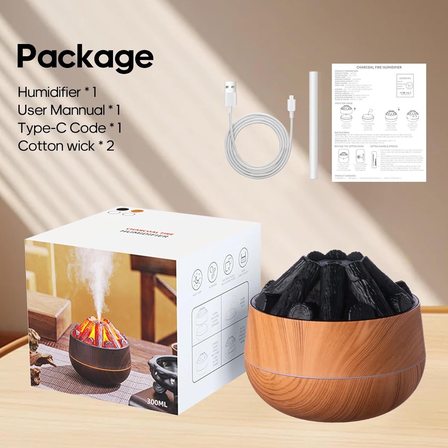 Flame Essential Diffuser Bonfire Humidifier 300ml Ultra-Quiet Auto-Off Aromatherapy Diffuser Campfire Flame Fire Diffuser for Home, Office or Gym - Wood Grain