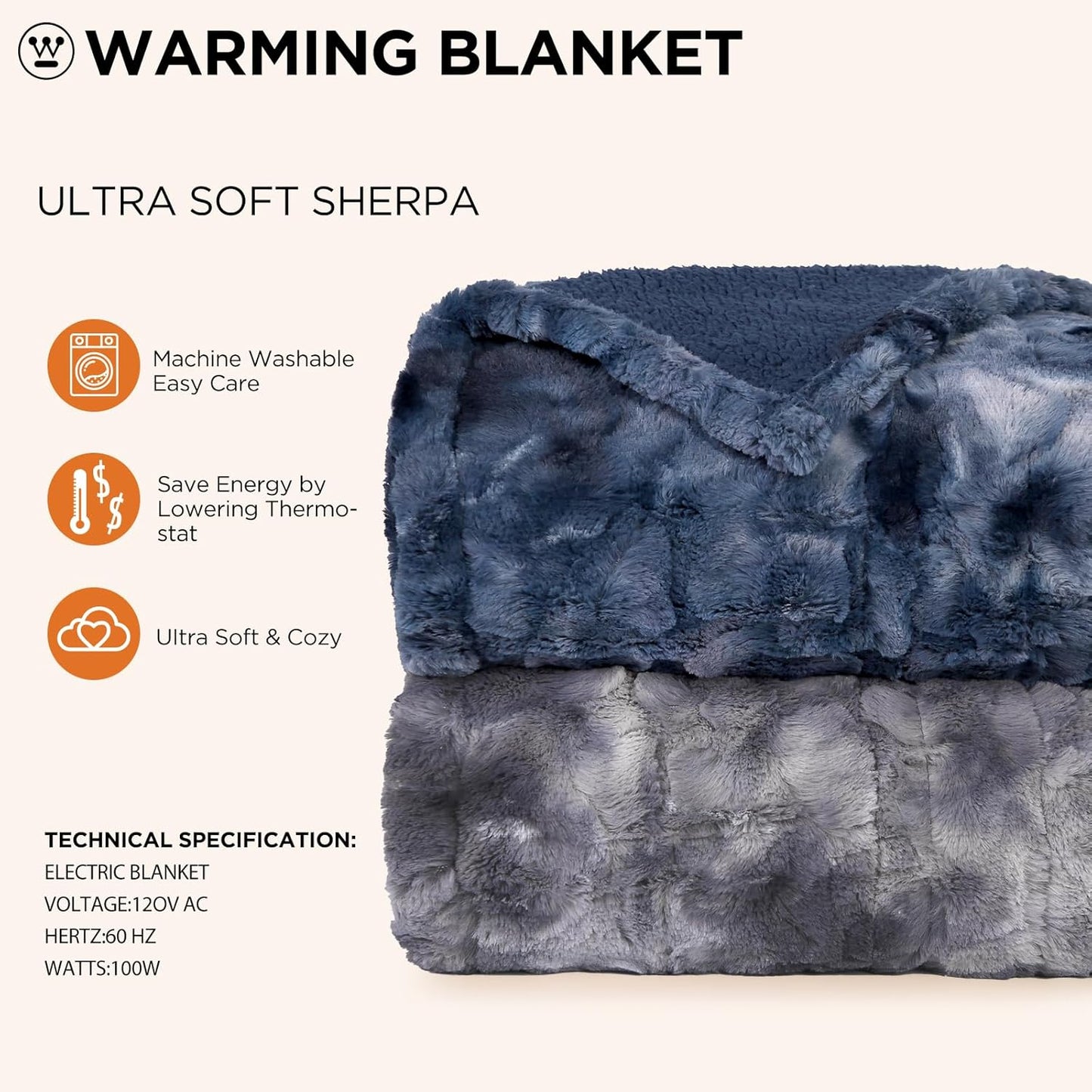 Westinghouse Electric Blanket Full, Faux Fur Heated Blanket with 10 Heating Levels & 1-12 Hours Auto Off, Soft Cozy Sherpa Heated Blanket Washable Blanket (80" x 84" Full Size, Indigo)