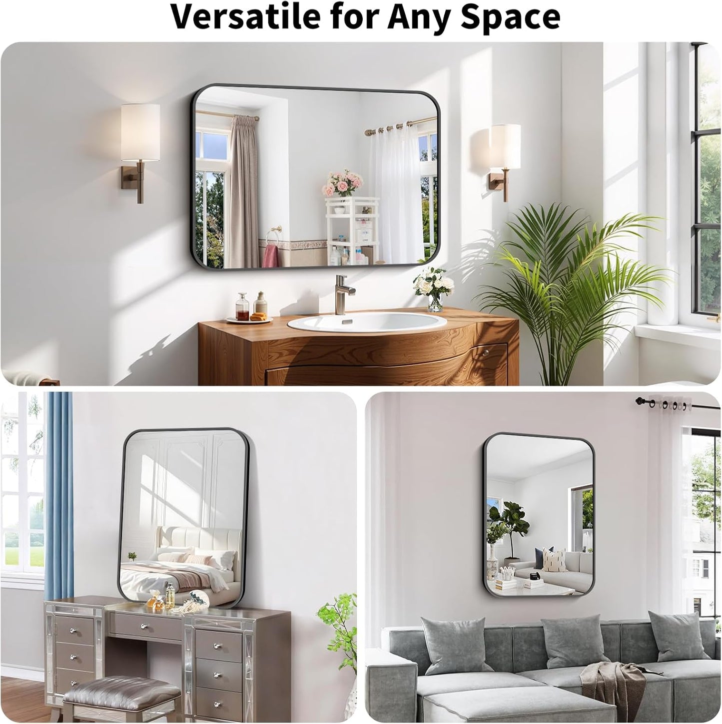 Koonmi Black Framed Bathroom Mirror - 26x38 Inch Shatterproof Tempered Glass Vanity Mirror for Bathroom Sink, Wall Mounted with Matte Aluminum Alloy Frame, No Distortion, Modern Decor