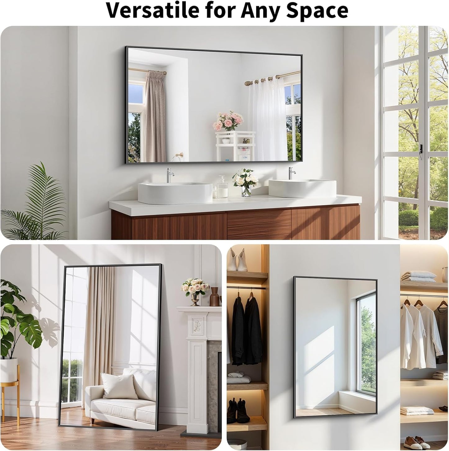 Koonmi Black Framed Bathroom Mirror - Shatterproof 30"x50" Tempered Glass, HD No Distortion, Horizontal/Vertical Mount, Modern Matte Aluminum Alloy Frame