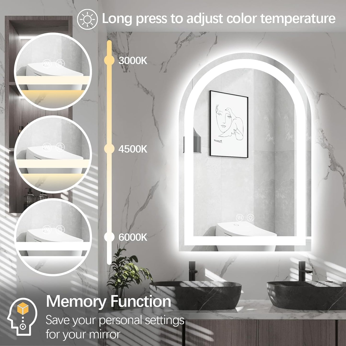 Niccy Arched LED Bathroom Mirror, 36x24 Arch Wall Mounted Frameless Bathroom Mirror for Vanity, Smart Lighted Frontlit Mirrors with Memory Function for Bathroom Bedroom Beauty Hair Salon