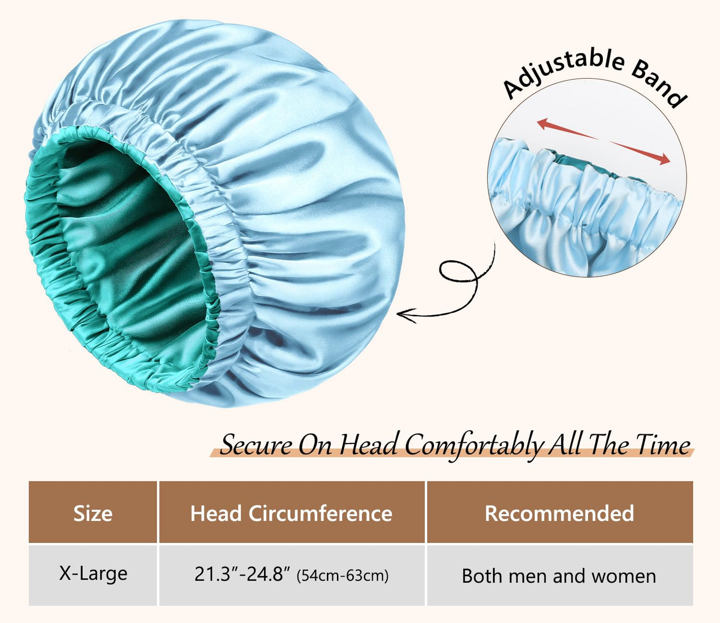 mikimini Satin Bonnet for Sleeping,Pack of 2,Green+Light Blue,Silk Bonnet for Women Long Curly Hair,Reversible Double-Layer Sleeping Hair Bonnet Extra Large Stretchy Sleep Hair Caps