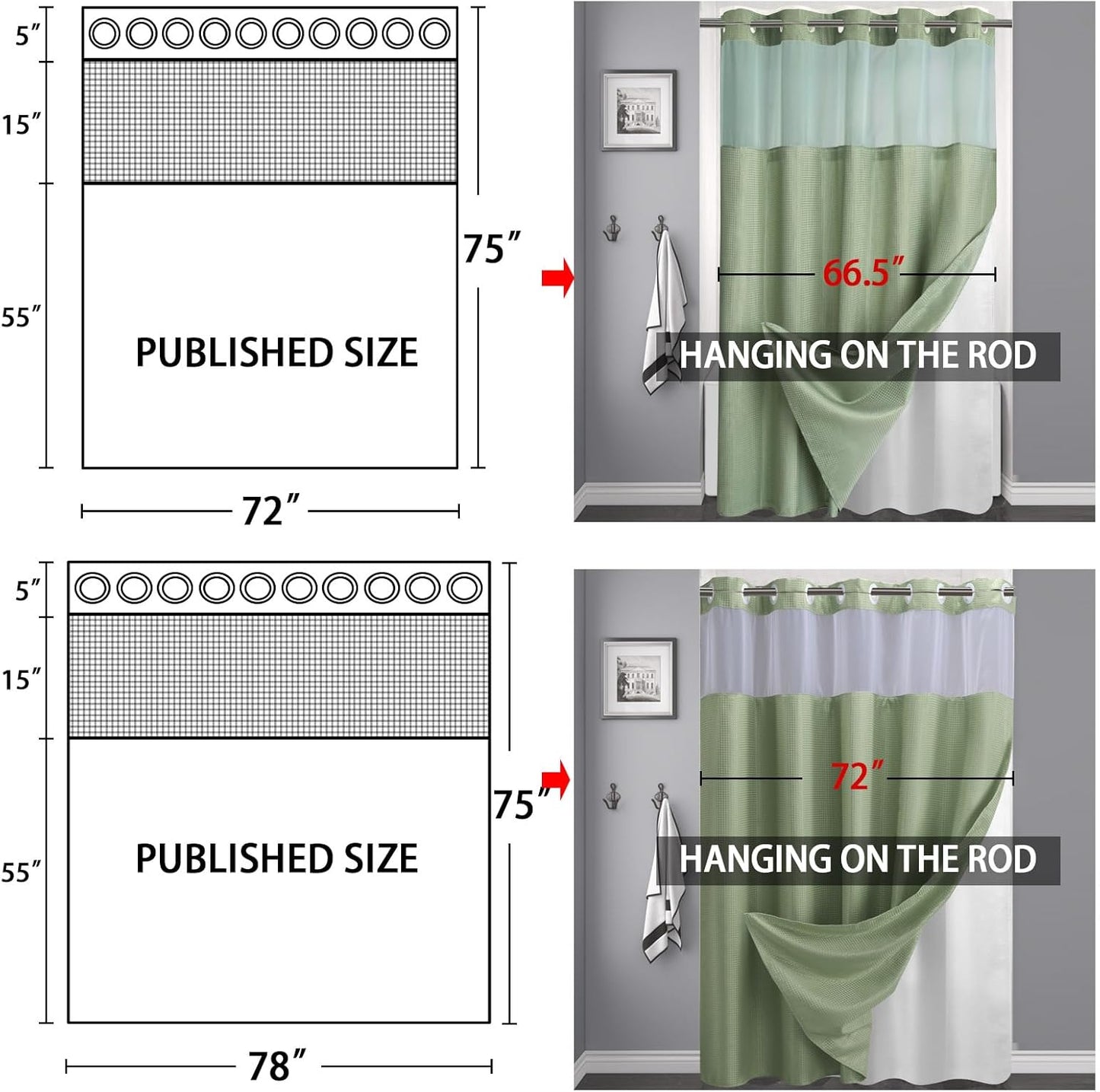 YellyHommy No Hook Shower Curtain with Snap in Liner Set Less Time Green Waffle Shower Curtain for Bathroom 75" L x 78" W