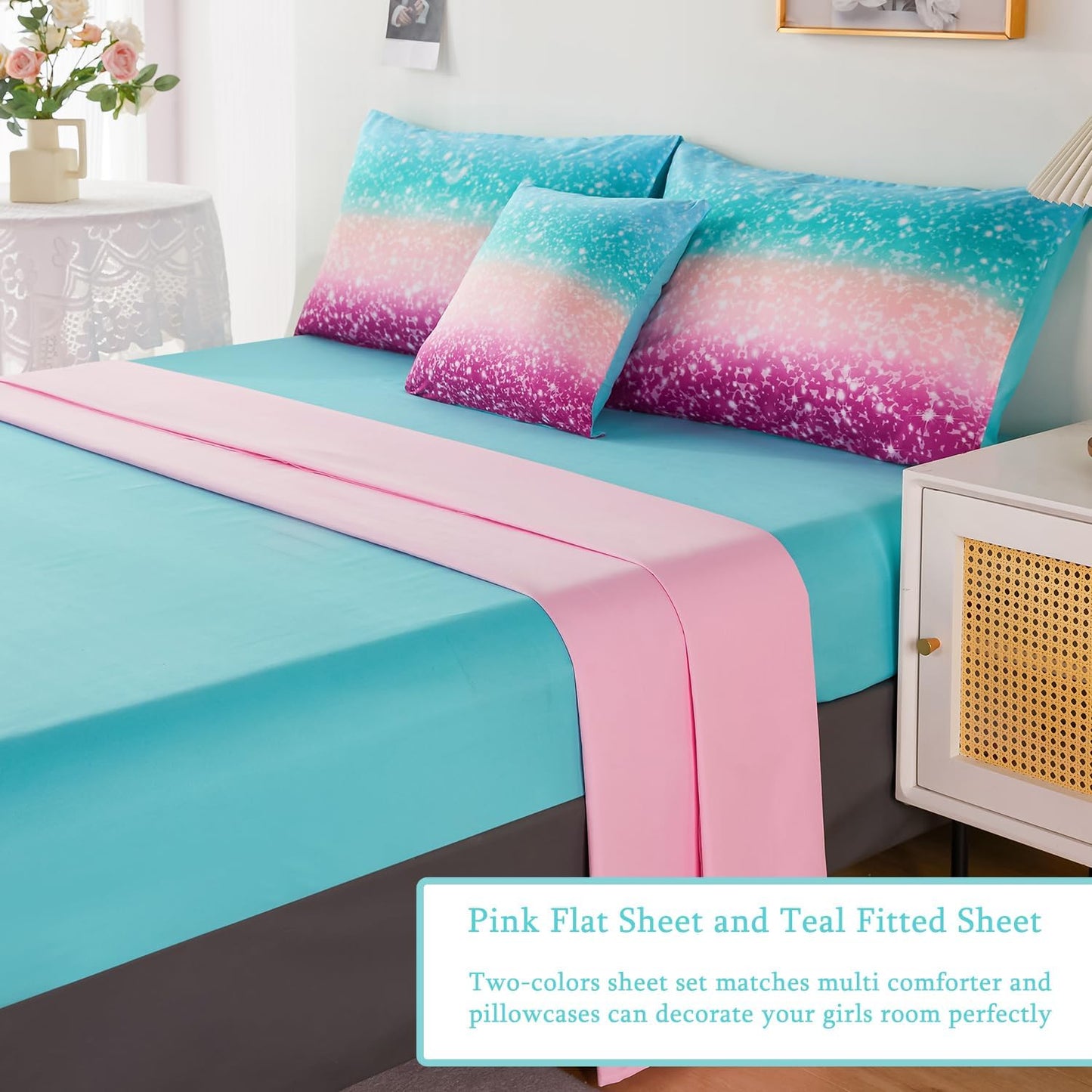 URBONUR Full Size Comforter Set for Girls Glitter 6 Pieces Bed in A Bag Comforter Set with Sheets Ombre Rainbow Bedding Set Kids Teen Girls Bed Set for Full Bed