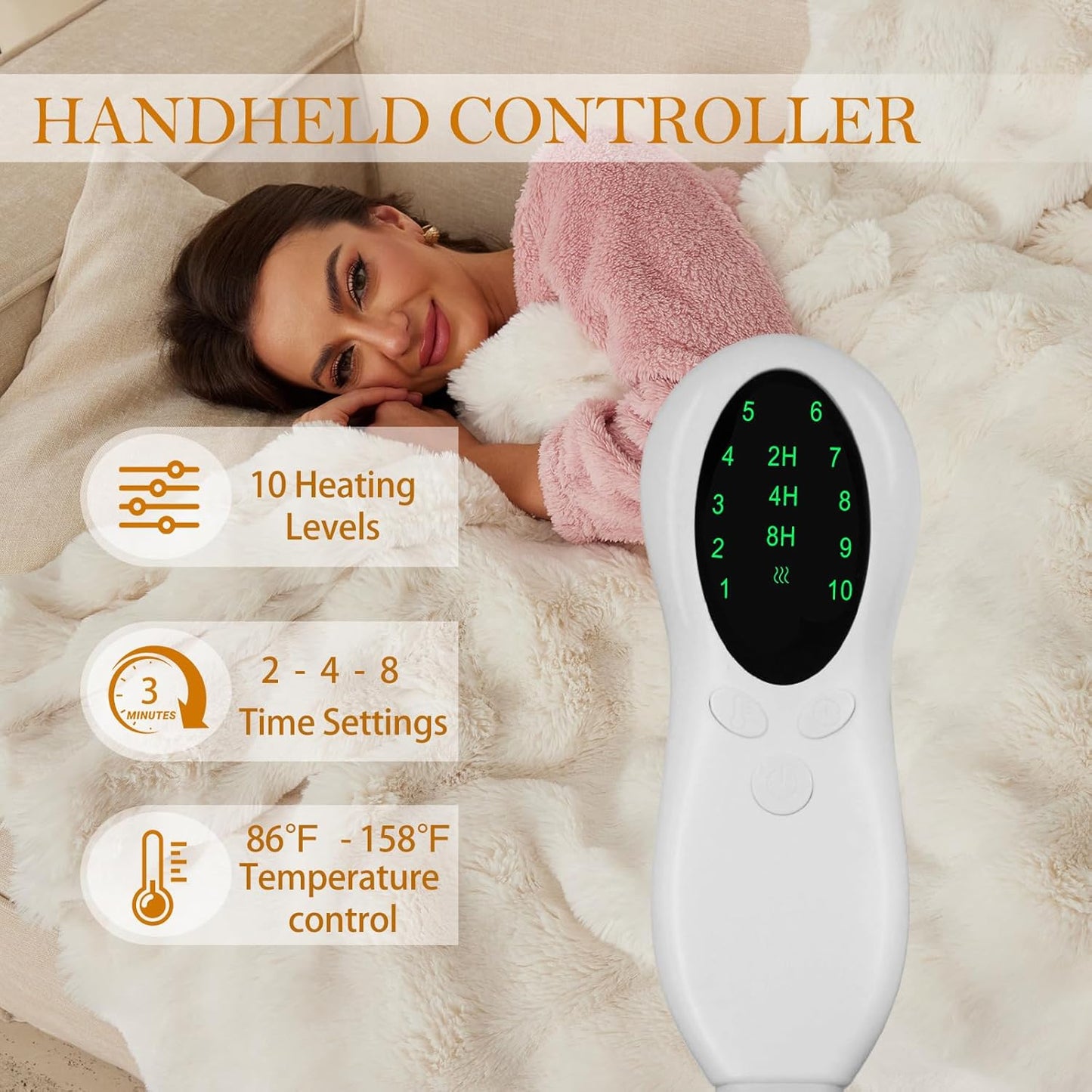 Faux Rabbit Fur Electric Blanket Throw 51"x63" – Heated Blanket with 5 Heat Settings, Timer & Digital Display, Fast Heating, Machine Washable Bubble Plush Heating Throw(White
