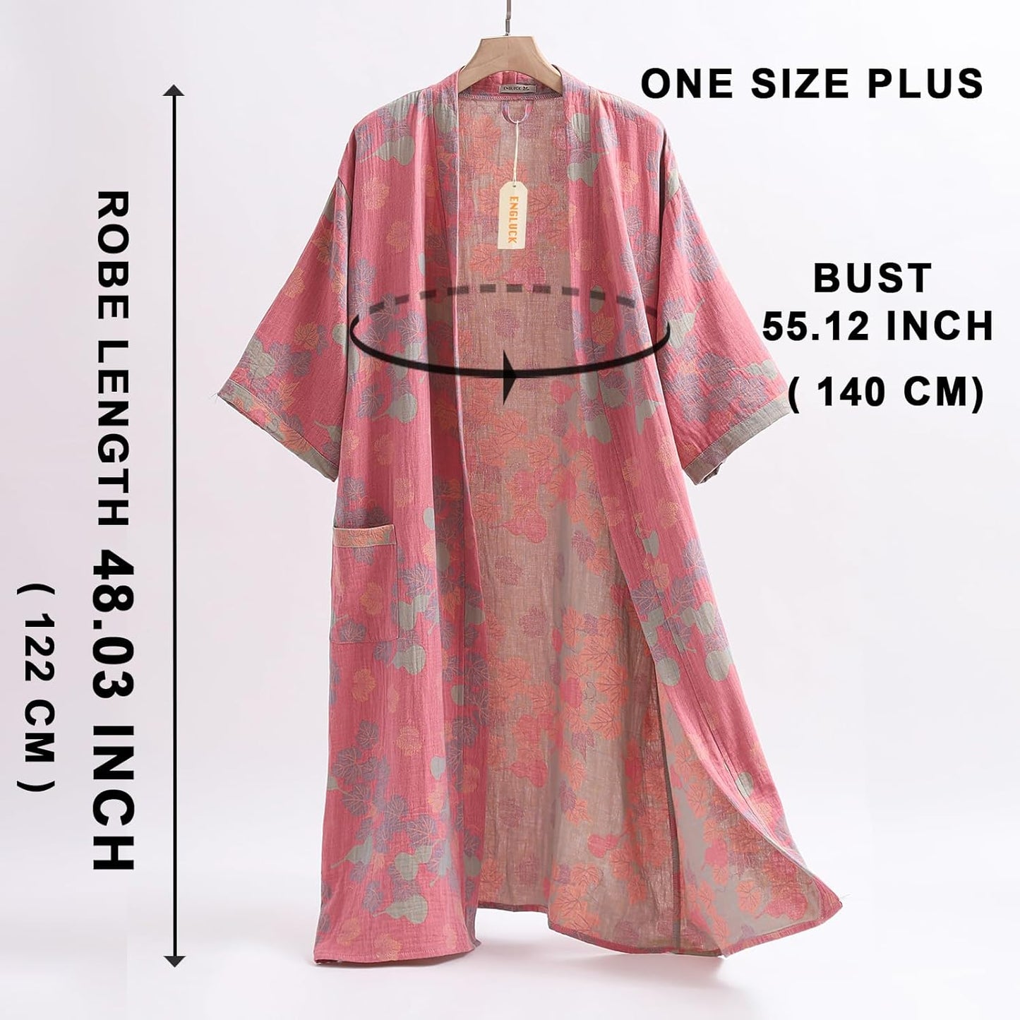 Women Cotton Double Gauze Jacquard Kimono Robe Bathrobe with Belt Pocket Comfortable Loungewear Yukata Sleepwear