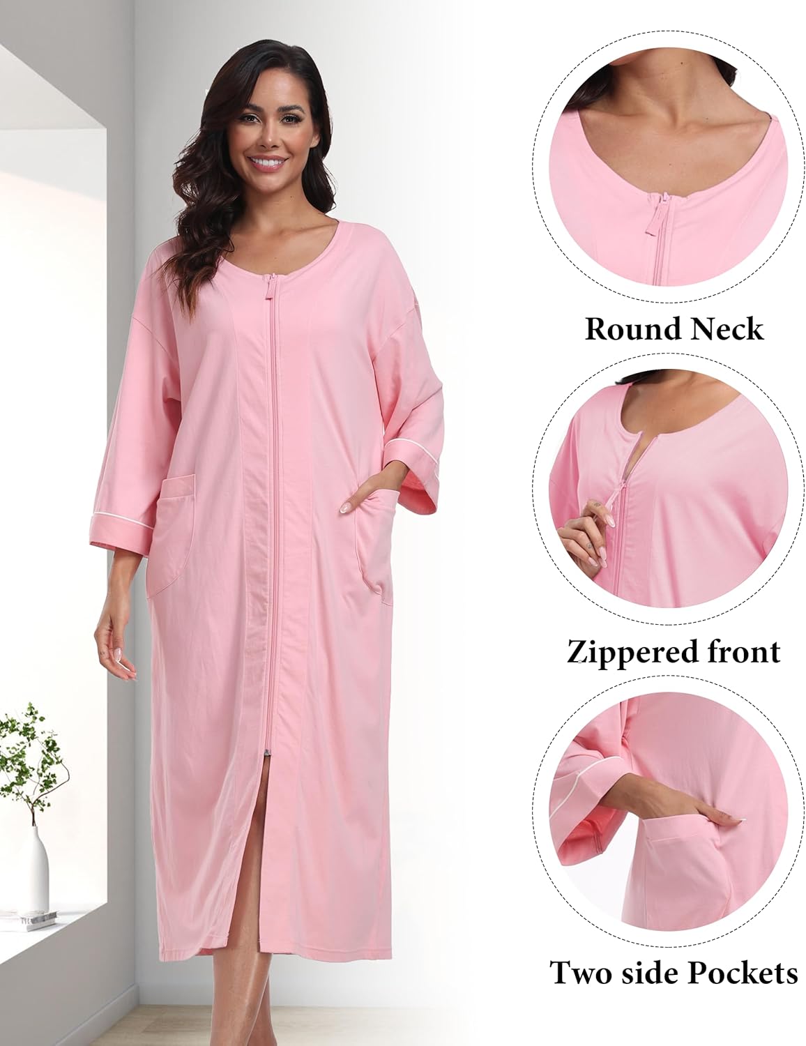 ANLIQI Women's 100% Cotton Robes Long Zipper Front House coats 3/4 Sleeve Bathrobes Lightweight Full Length Robe with Pockets