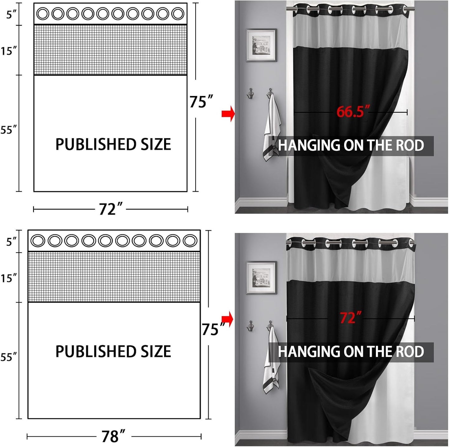 YellyHommy No Hook Shower Curtain with Snap in Liner Set Less Time Black Waffle Shower Curtain for Bathroom 75" L x 78" W