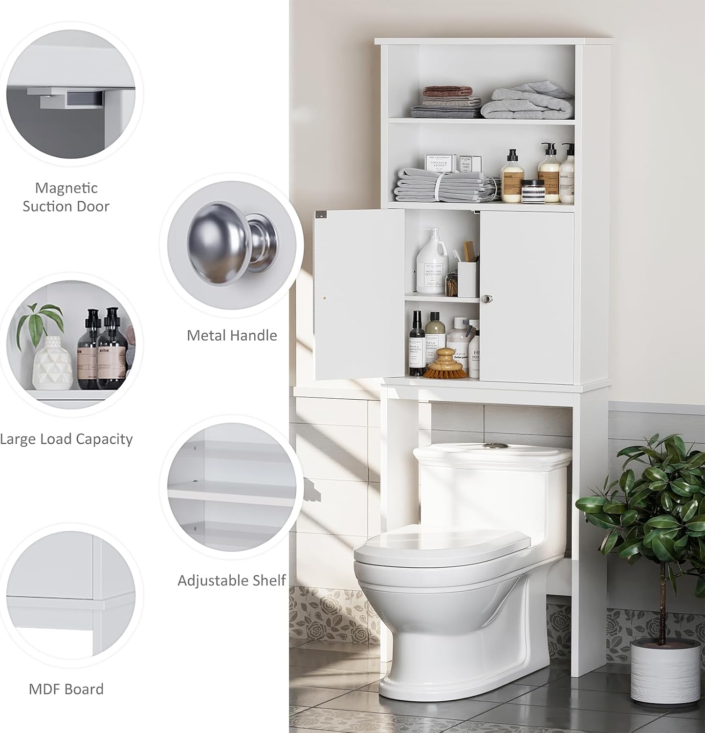 Meilocar Over The Toilet Storage Cabinet for Bathroom, Extra Tall Over Toilet Storage, Space Saver W/Adjustable Shelf & Open Storage Shelf, 75in, White