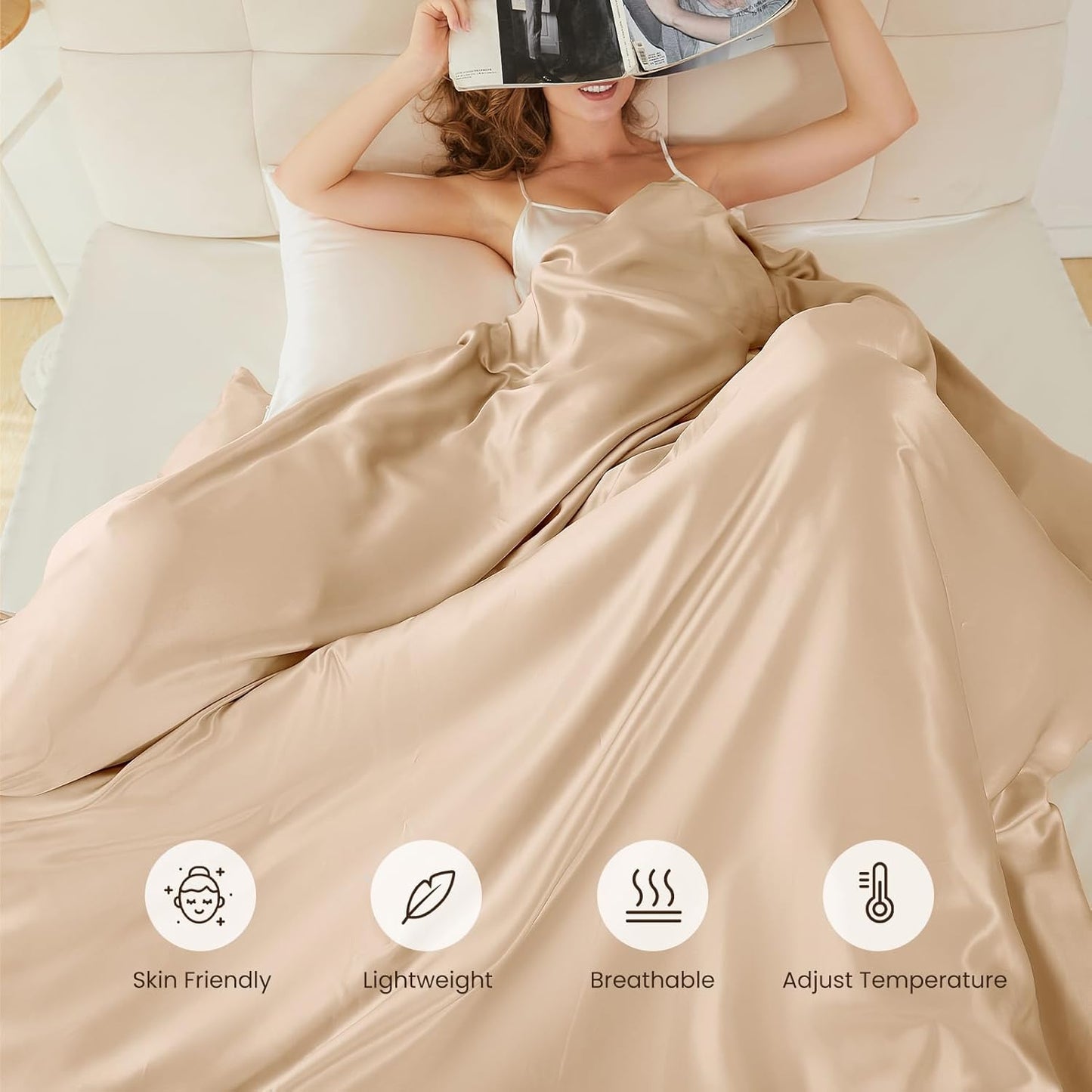THXSILK 100% Pure Mulberry Silk Duvet Cover Set 3 Piece, 6A+ Grade Luxury Soft Bedding Silk Sheets for Hair and Skin, 1 Pcs Quilt/Comforter Cover with 2 Zippered Pillowcases (Champagne, Queen)