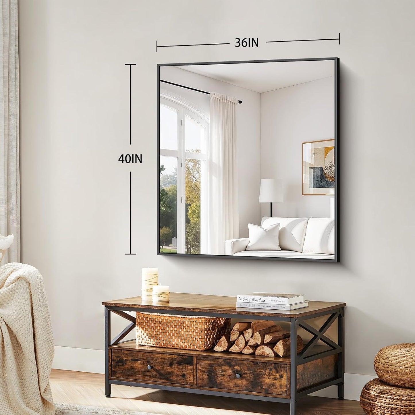 Koonmi Black Framed Bathroom Mirror - Shatterproof 36"x40" Tempered Glass, HD No Distortion, Horizontal/Vertical Mount, Modern Matte Aluminum Alloy Frame