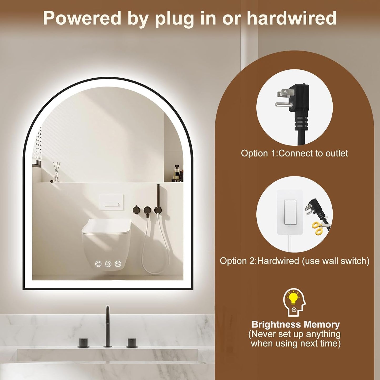 Arched LED Mirror for Bathroom 30"x36", Black LED Bathroom Mirror with Lights-Fogless, Dimmable, 3 Color Changing, Shatterproof, Touch Sensor