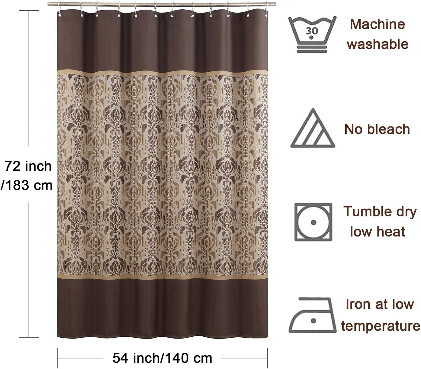 Stall Fabric Shower Curtain, 54 x 72 Inch Brown Damask Print Waterproof Small Shower Curtains for Bathroom