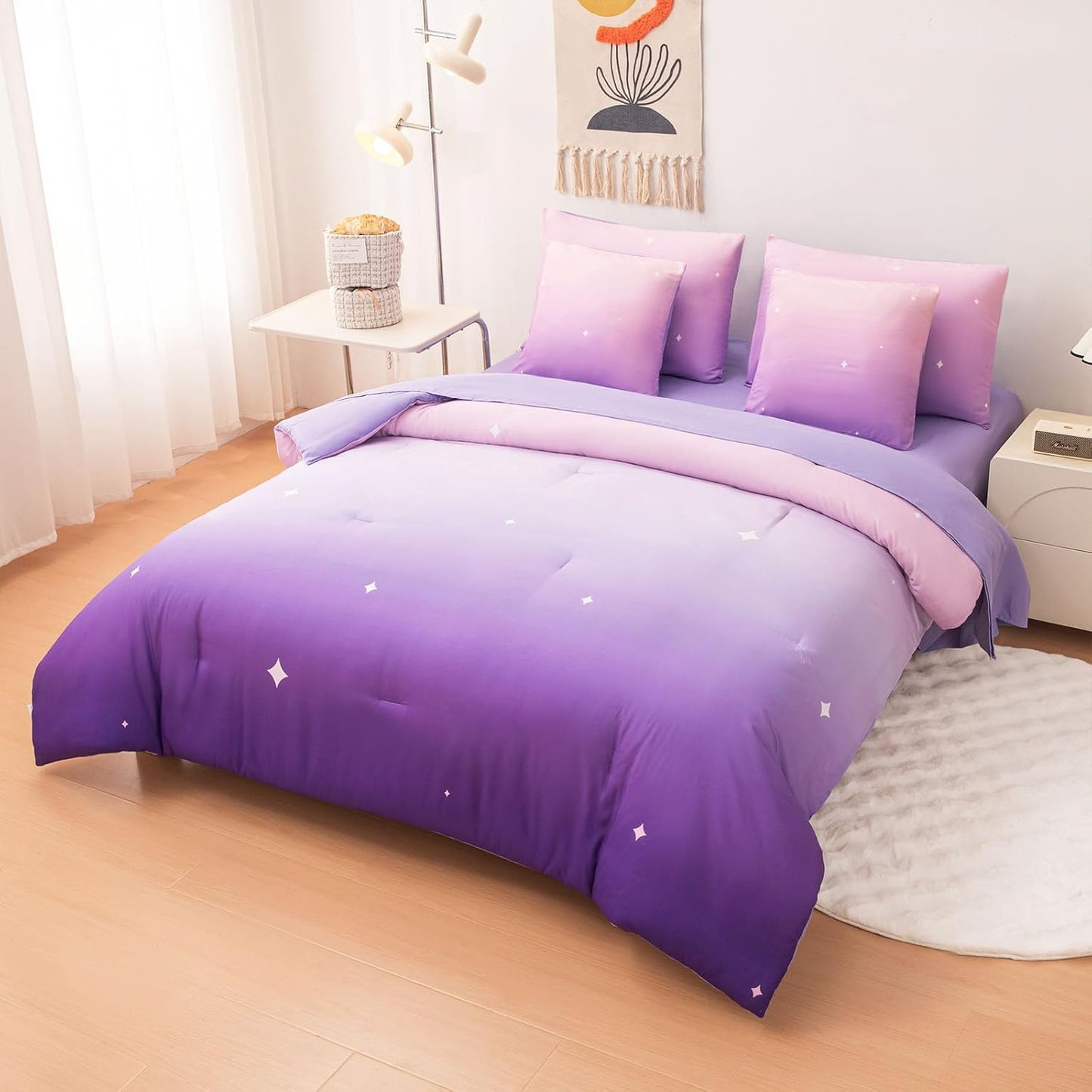 Rainbow Bedding Set Twin Size โ 7 Piece Reversible Girls Comforter with Deep-Pocket Sheet, Gradient Galaxy Design, Whole-Piece Filling, Machine Washable Bed-in-a-Bag for Kids Room Makeover & Gifts