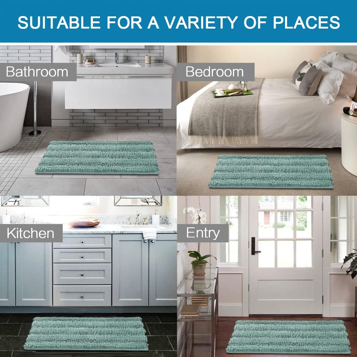 H.VERSAILTEX Bath Rugs for Bathroom Non Slip Bath Mats Extra Thick Chenille Striped Rug 20" x 32" Absorbent Non Skid Fluffy Soft Shaggy Washable Plush Mat for Indoor, Bath Room, Tub - Eggshell Blue