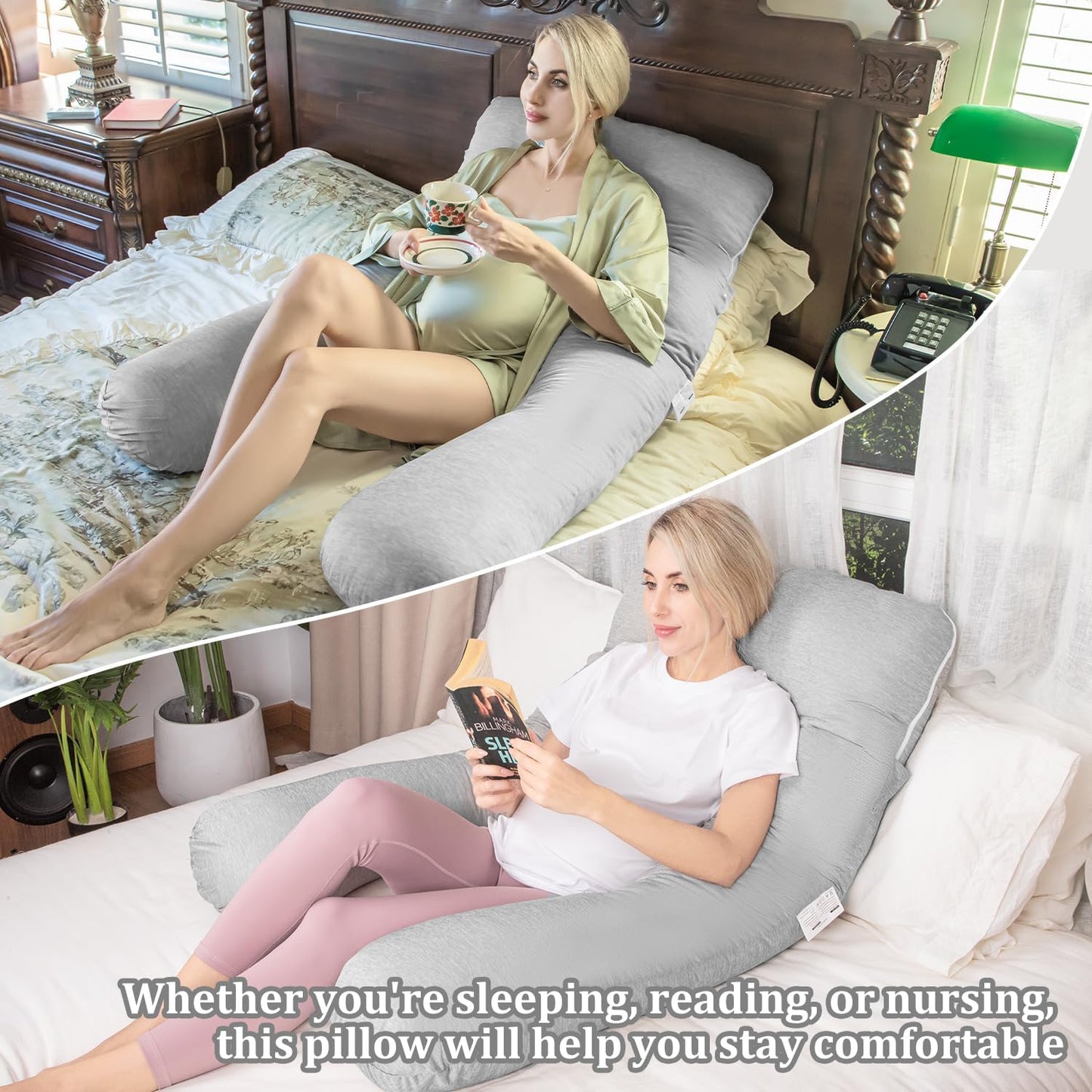 Chilling Home Pregnancy Pillow, 55in Pregnancy Pillows for Sleeping, U Shape Body Pillows for Adults, Maternity Pillow for Pregnant Women, with Grey Jersey Cotton Removable Cover