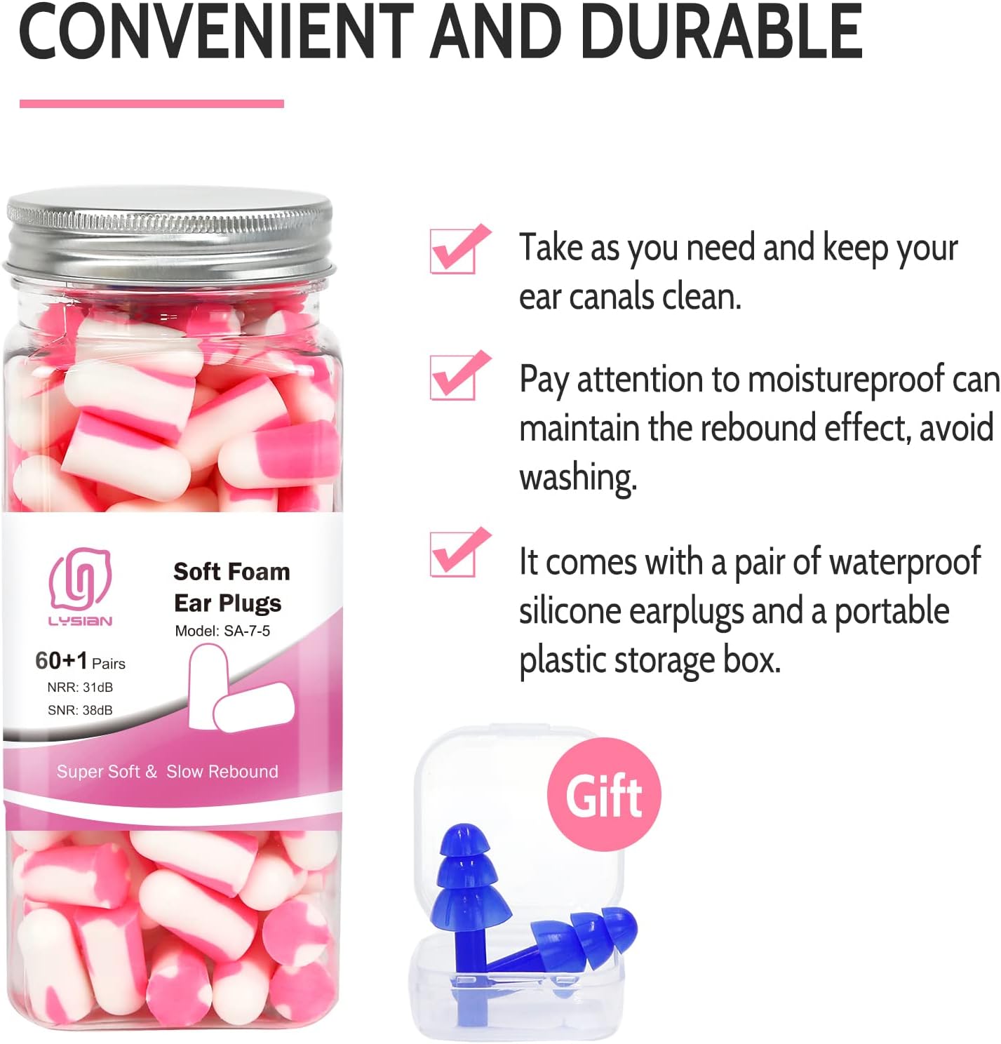 LYSIAN Ultra Soft Foam Sleep Earplugs, 38dB SNR Noise Reduction Ear Plugs for Sleeping, Mowing, Shooting-60 Pairs,Double Color Pink/White