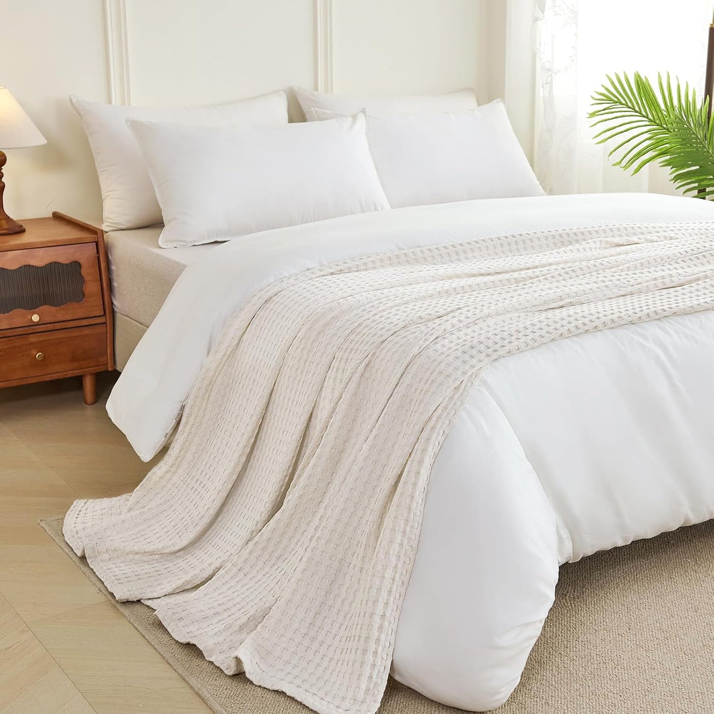 Aganear Waffle Blanket - Lightweight Breathable Summer Blanket of 50% Cotton and 50% Rayon Derived from Bamboo for Hot Sleepers Luxury Throws for Bed, Couch and Sofa,Beige,104x90 Inches