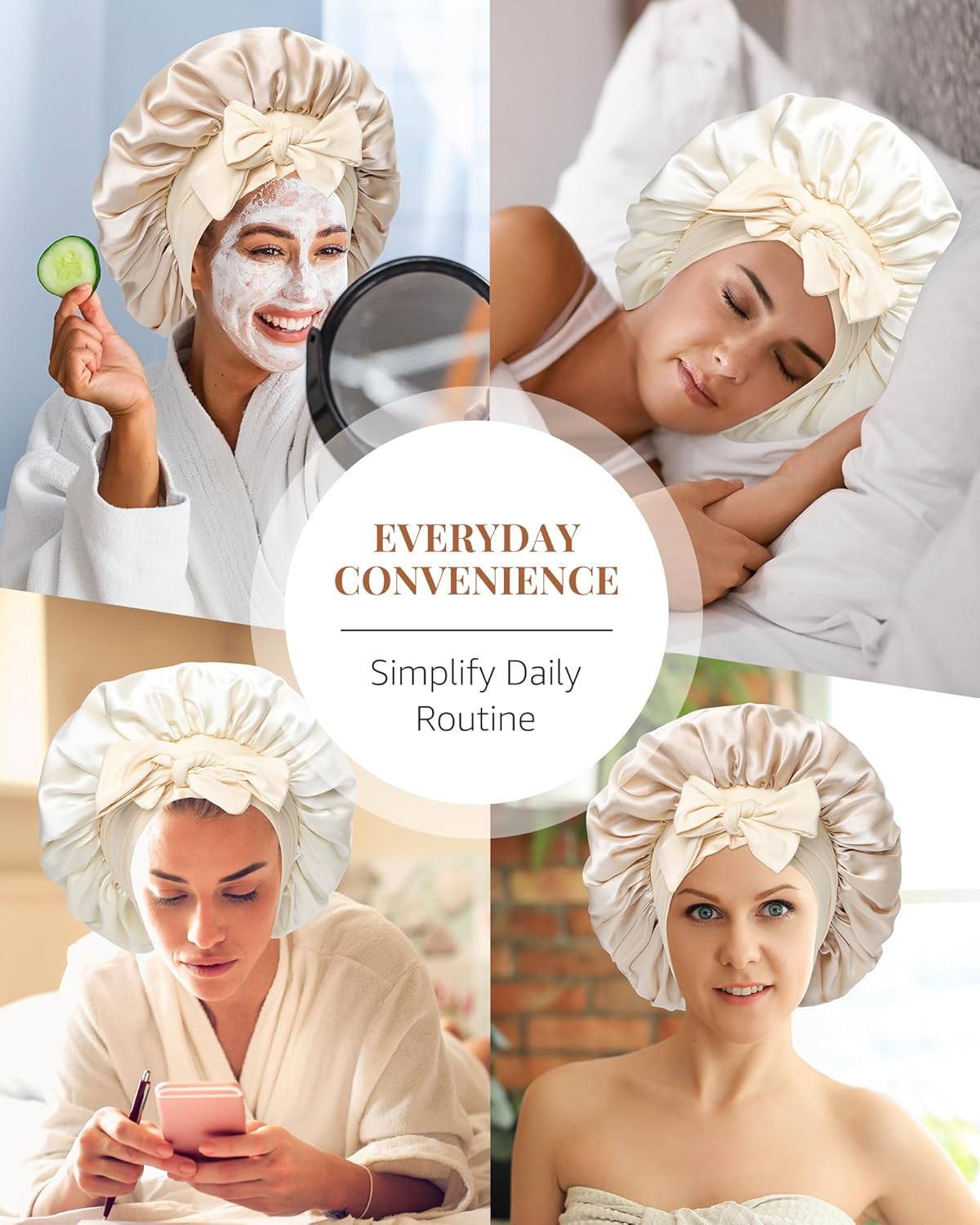 AWAYTR Silk Bonnet for Sleeping Women 100% Mulberry Silk Bonnet with Band 2 Layer Reversible Hair Bonnet Sleeping Hair Wrap (Champagne/Beige)