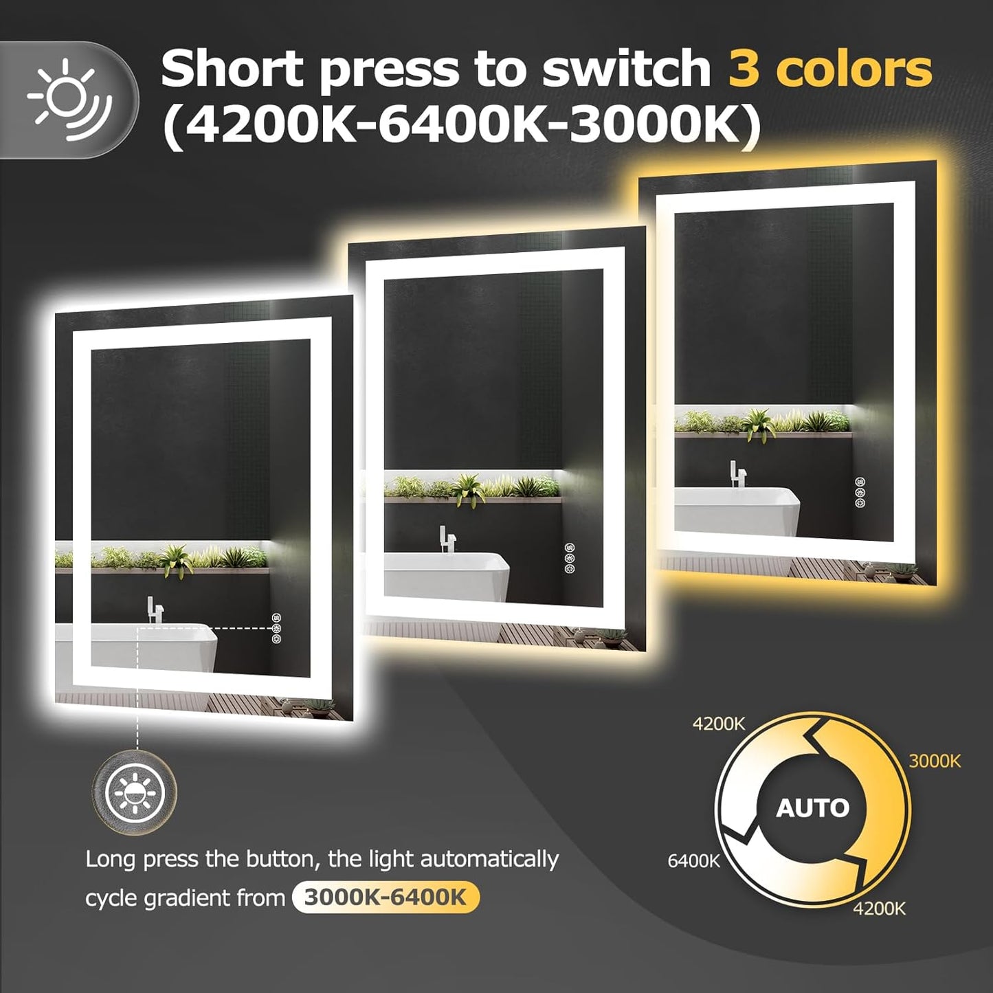24X30 LED Bathroom Mirror with Lights, Anti-Fog, Dimmable, Backlit + Front Lit, Smart Bathroom Vanity Mirror, Memory Function, Shatterproof, Tempered Glass (Horizontal/Vertical)