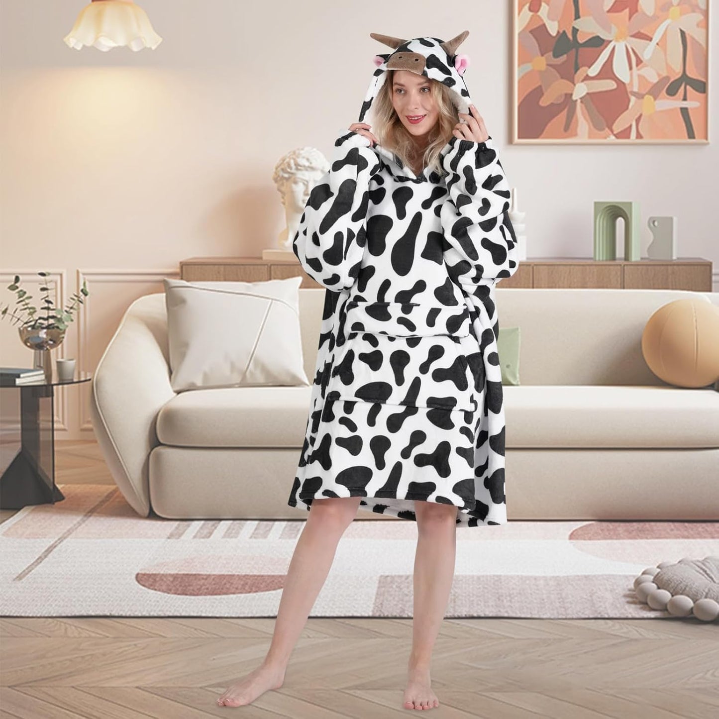 Wearable Blanket Hoodie for Adult,Oversized Sherpa Fleece Blanket Hoodie for Women Men,Cow Print