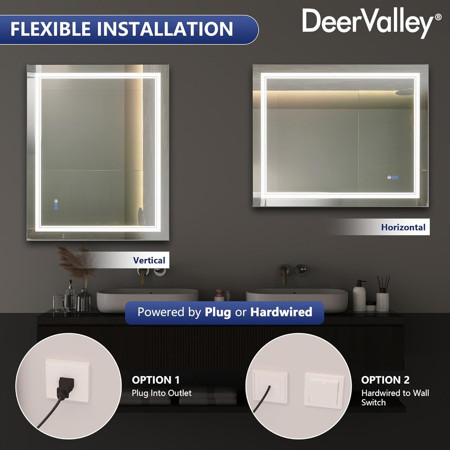 DeerValley LED Bathroom Mirror, 40" x 32" RGB Front and Backlit Wall Mounted Bathroom Vanity Mirror, Anti-Fog, 3 Colors Dimmable, Shatterproof, Tempered Glass, Memory Function (Horizontal/Vertical)