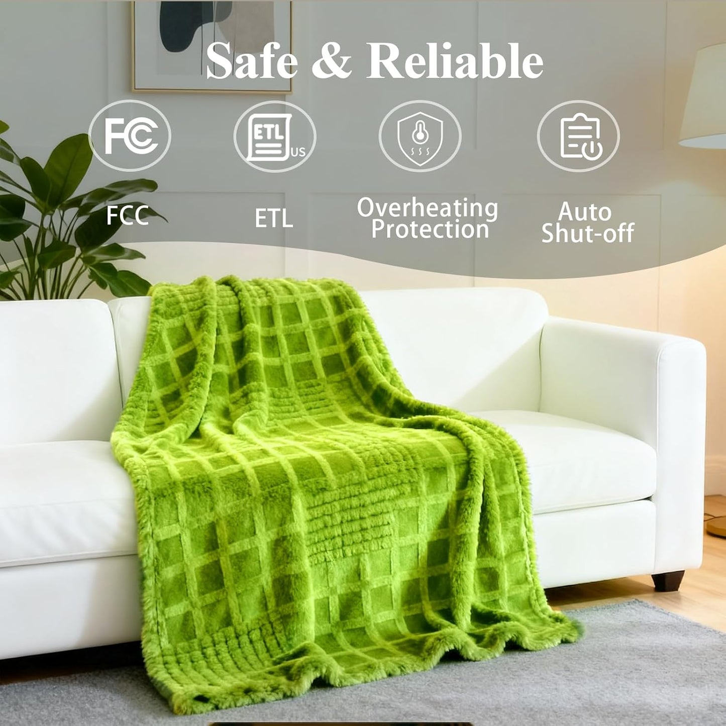 Heated Blanket Electric Throw, 50"X60" Heating Blanket Waffle with 12 Heat Levels, Fast Heating Blanket with 1-12 Timer with ETL & FCC for Bed Home Office Sofa (Trend Green)