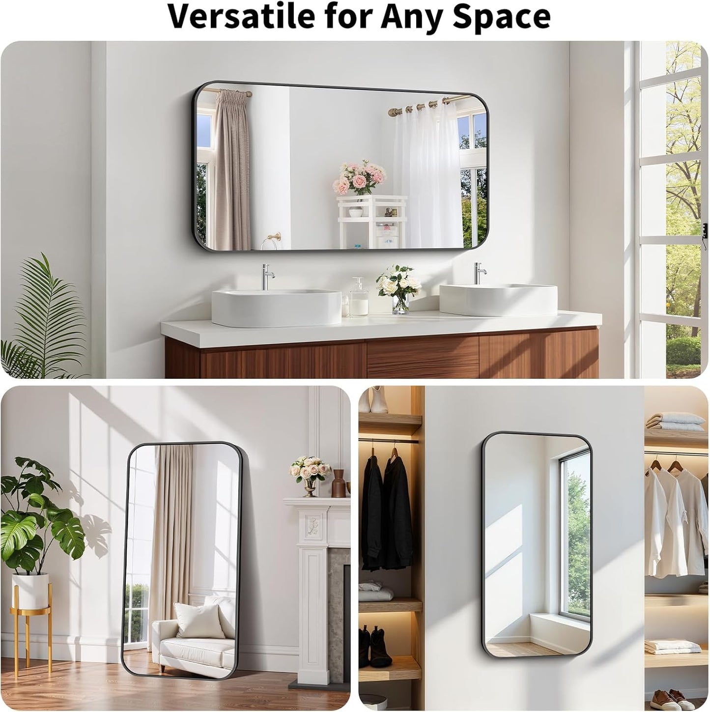 Koonmi Black Framed Bathroom Mirror - 24x48 Inch Shatterproof Tempered Glass Vanity Mirror for Bathroom Sink, Wall Mounted with Matte Aluminum Alloy Frame, No Distortion, Modern Decor