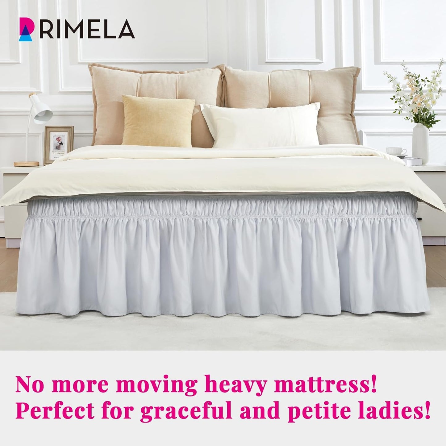 RIMELA Ice Grey Bed Skirt King Size 15 Inch Drop, Elastic Bed Skirting for Bed Base and Frame, Bedding Dust Ruffle Easy to Install, Lightweight Wrap Around Adjustable Bedskirt