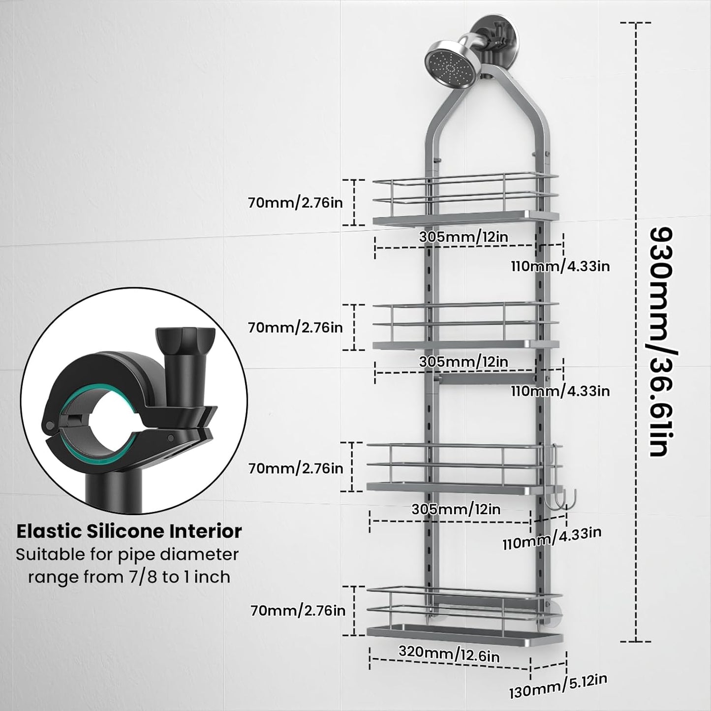 Shower Caddy Hanging (Silver), Adjustable Anti-Swing-Over The Shower Head Caddy, 4 Tier Height Bathroom Storage Organizer Bathroom Shelves Basket Rack Shower Caddies (4Tier)