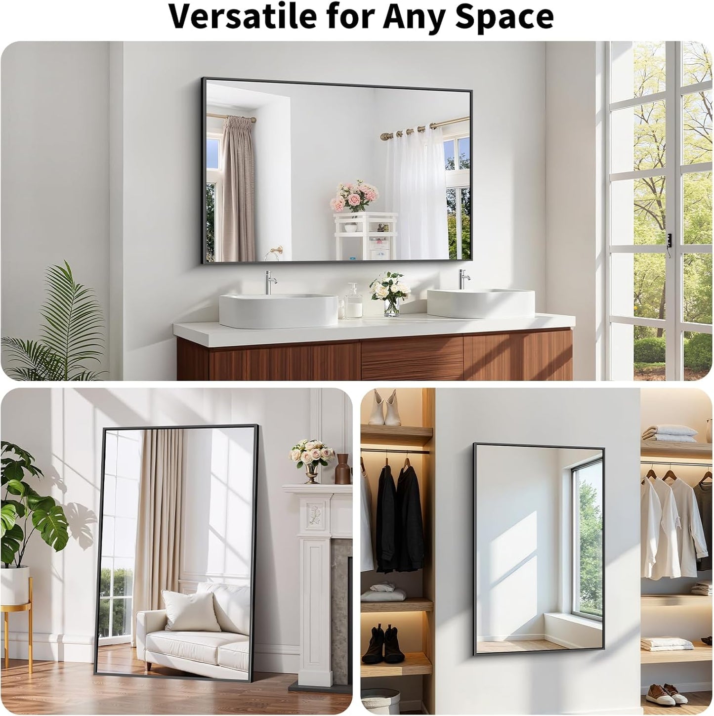 Koonmi Black Framed Bathroom Mirror - Shatterproof 30"x48" Tempered Glass, HD No Distortion, Horizontal/Vertical Mount, Modern Matte Aluminum Alloy Frame