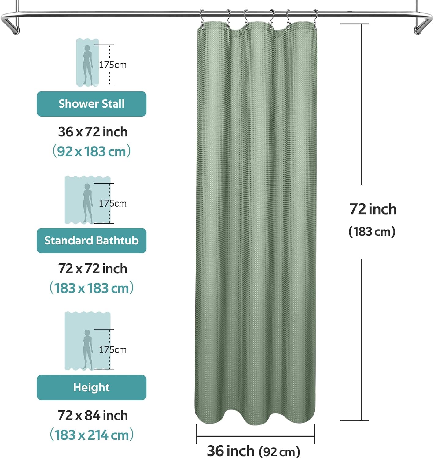 3 in 1 Shower Curtain Set, Waffle Shower Curtain and Liner Set with 6 Double Sided Shower Curtain Hooks, 258GSM Luxury Weighted Cloth Shower Curtains for Bathroom, 36 W x 72 H, Sage Green