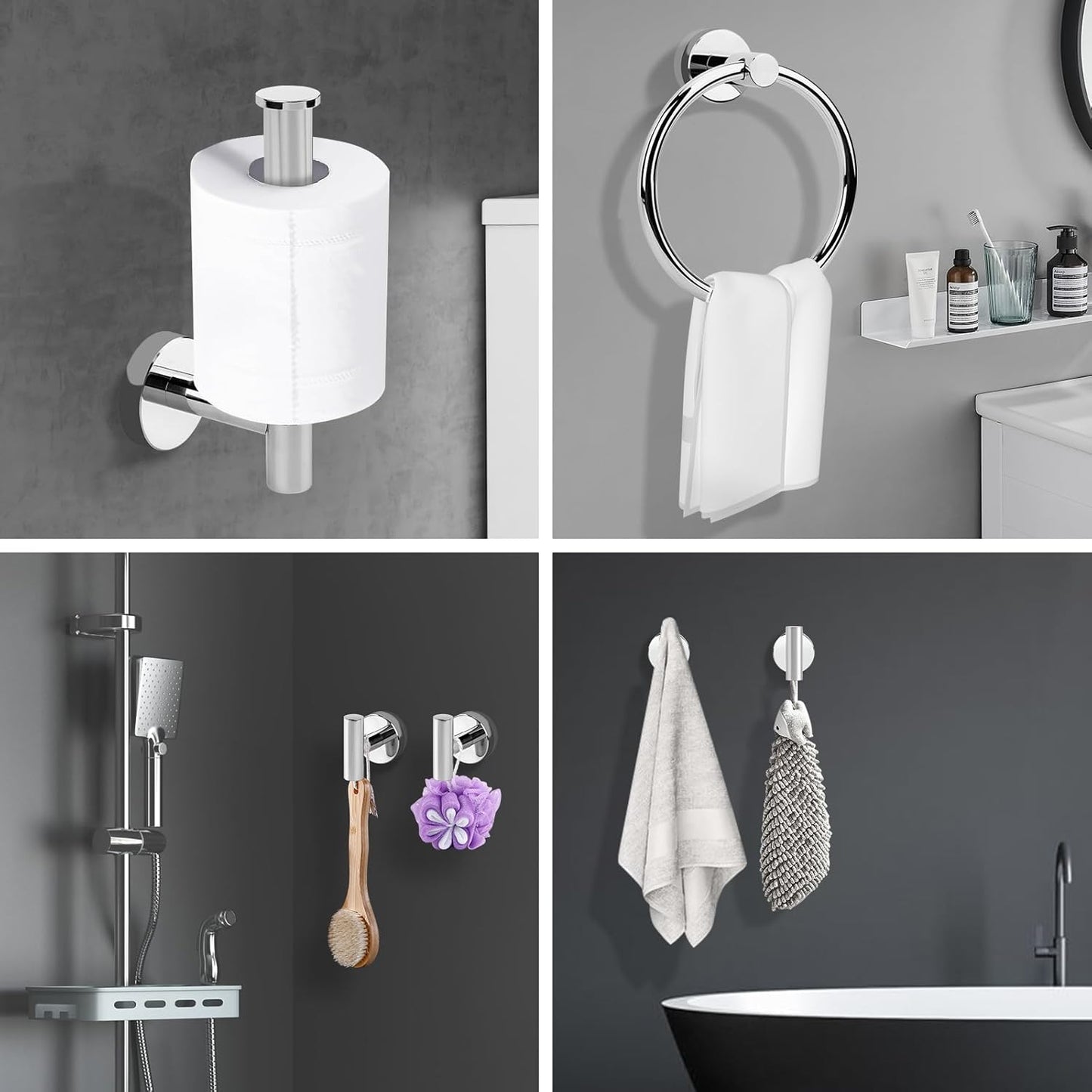 4-Piece Polished Chrome Bathroom Hardware Set - Toilet Paper Holder and Hand Towel Holder, Towel Ring Wall Mounted, Stainless Steel Accessories Set - Silver