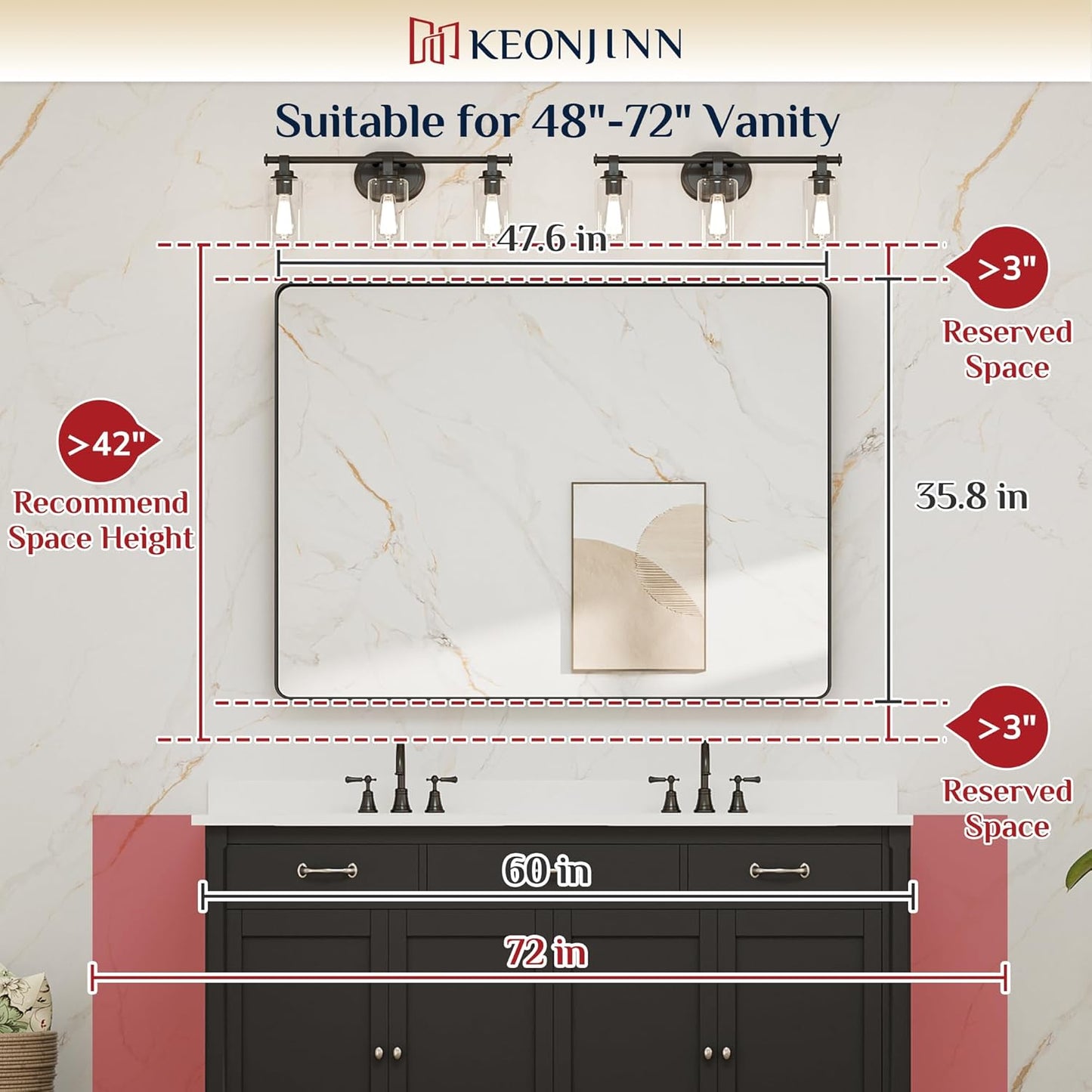 Keonjinn Black Bathroom Mirror for Over Sink, 48” x 36” Large Matte Black Mirrors for Wall, Rounded Rectangle Farmhouse Vanity Mirror, HD Tempered Glass Modern Decorative Mirror(Horizontal/Vertical)