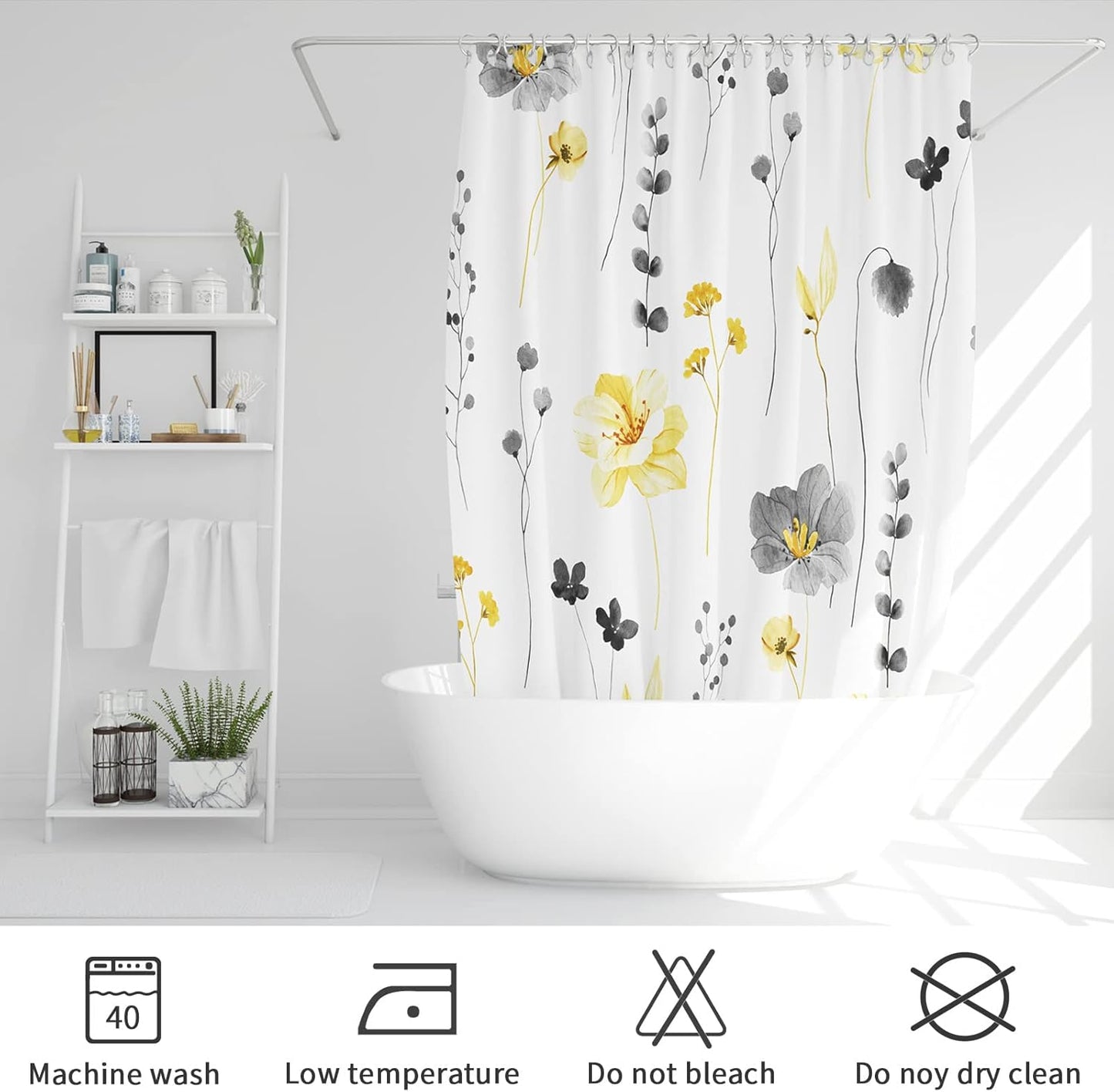 Gibelle Yellow and Grey Floral Shower Curtain, Watercolor Flower Shower Curtain for Bathroom, Modern Minimalist White Waterproof Fabric Shower Curtain Set with Hooks 72x72 Inch